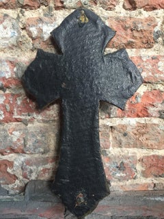 19th Century Pewter and Textile Holy Water Font or Stoup with Crucifix