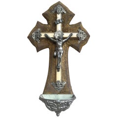 19th Century Pewter and Textile Holy Water Font or Stoup with Crucifix