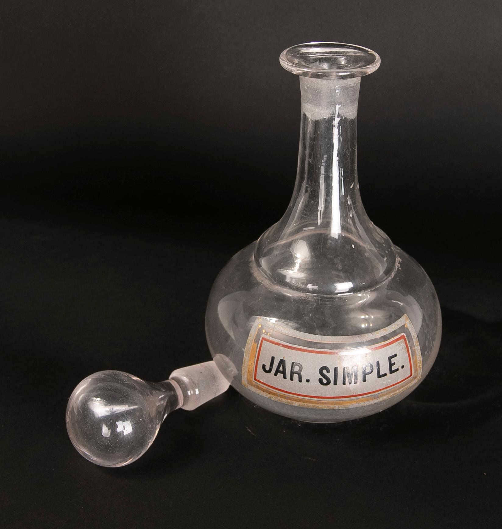 19th Century Pharmacy Glass Bottle with Painted Inscription 