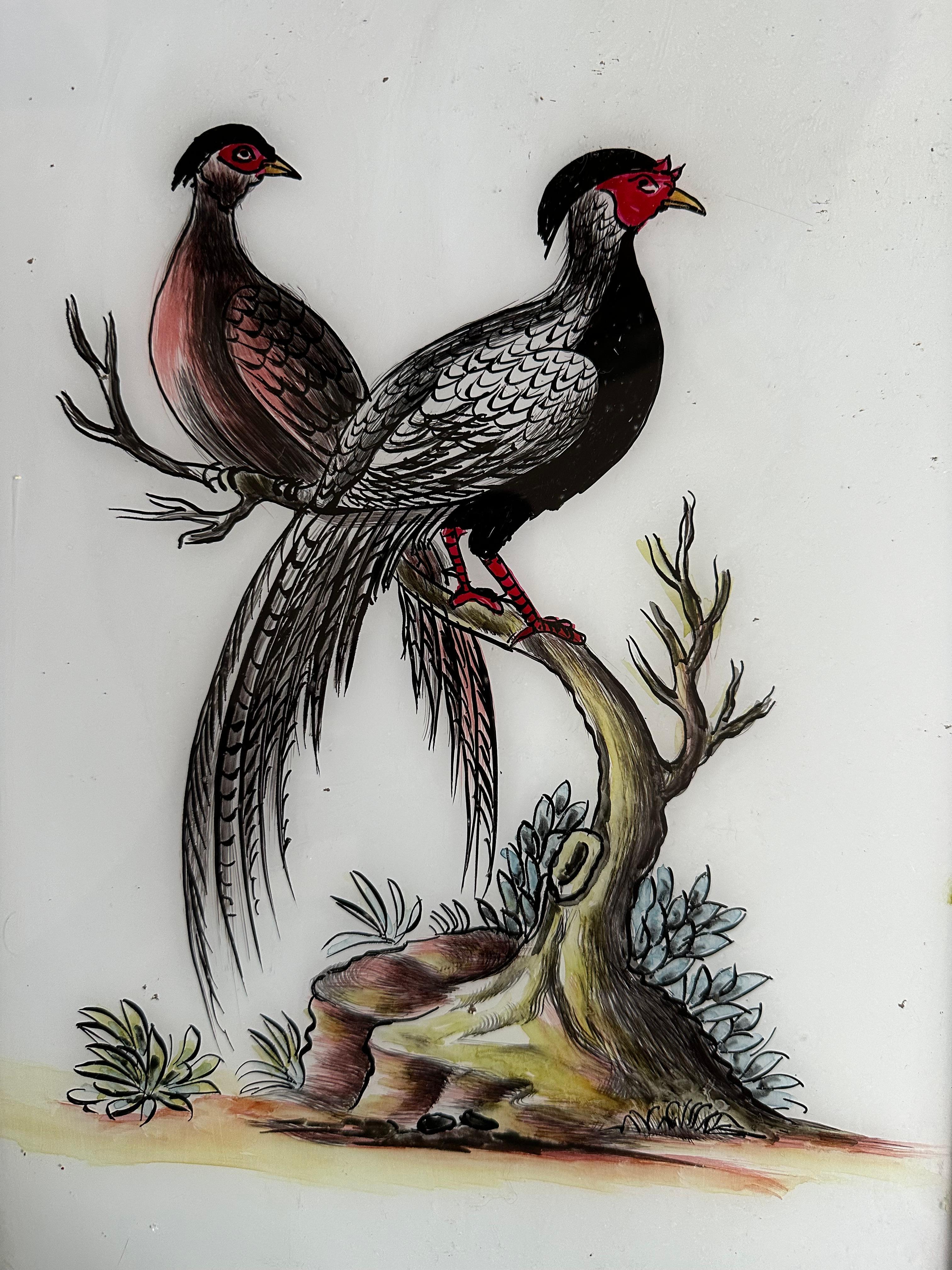 Cette élégante œuvre d'art du XIXe siècle représente un couple de faisans magnifiquement détaillés, capturant leur posture gracieuse et leur plumage vibrant avec un art remarquable. L'utilisation habile de la couleur et de la texture par l'artiste