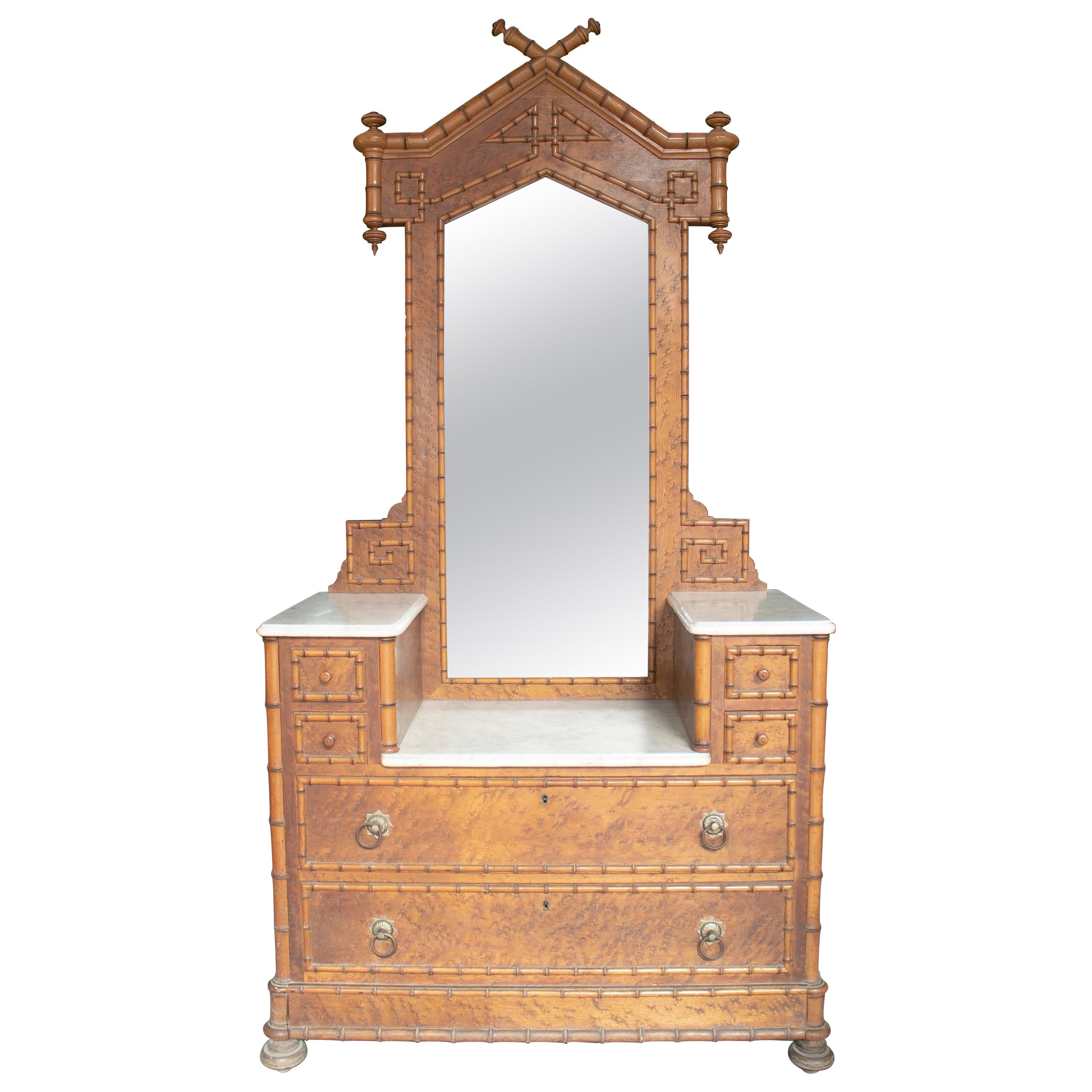 19th Century Philippine Bamboo, Walnut and Oak Dressing Table with Marble Top