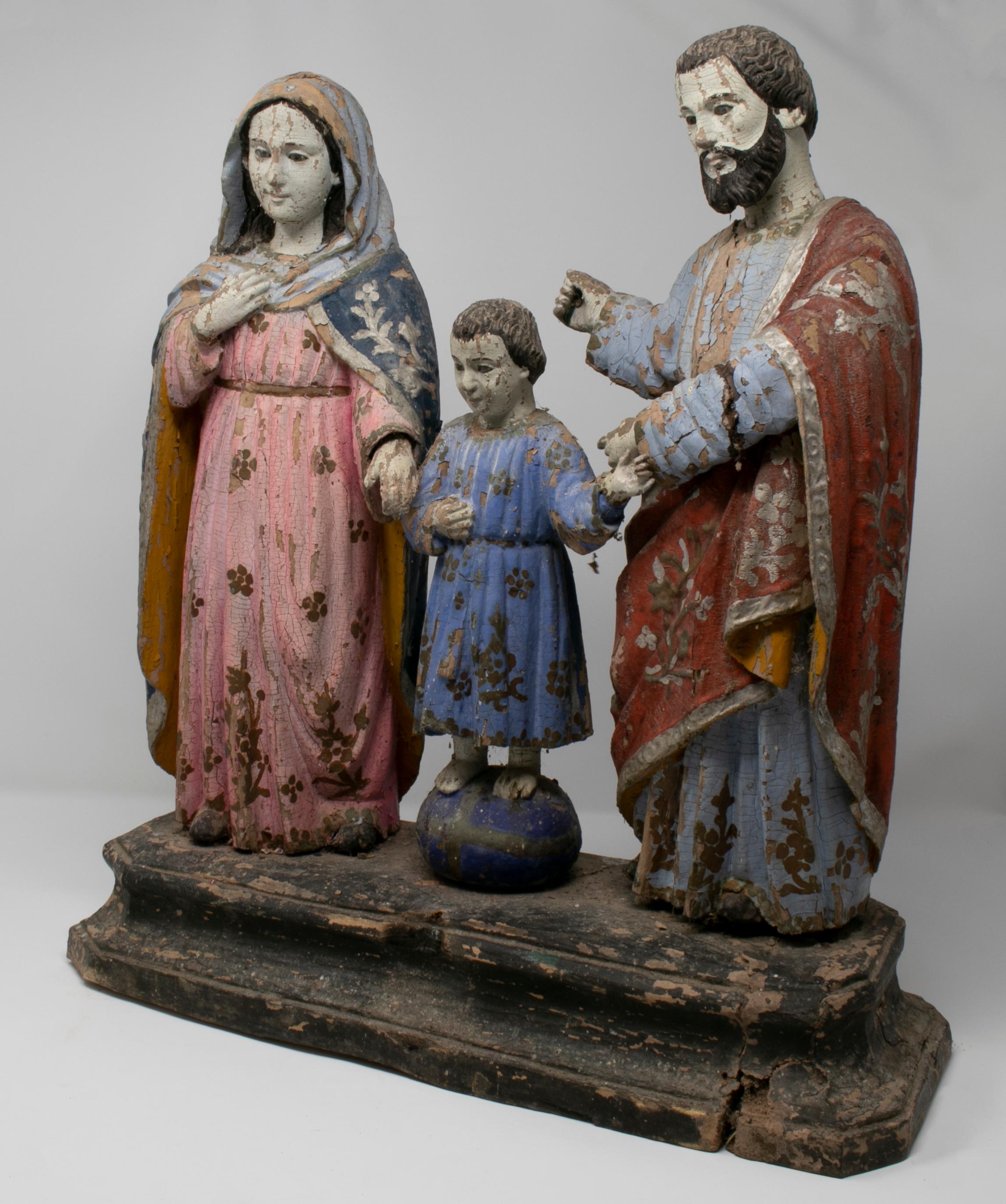 19th century Filipino Holy Family painted wood figure sculpture.