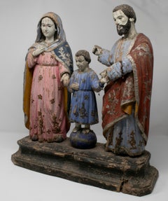 19th Century Philippines Holy Family Painted Wood Figure Sculptures