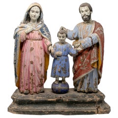 19th Century Philippines Holy Family Painted Wood Figure Sculptures