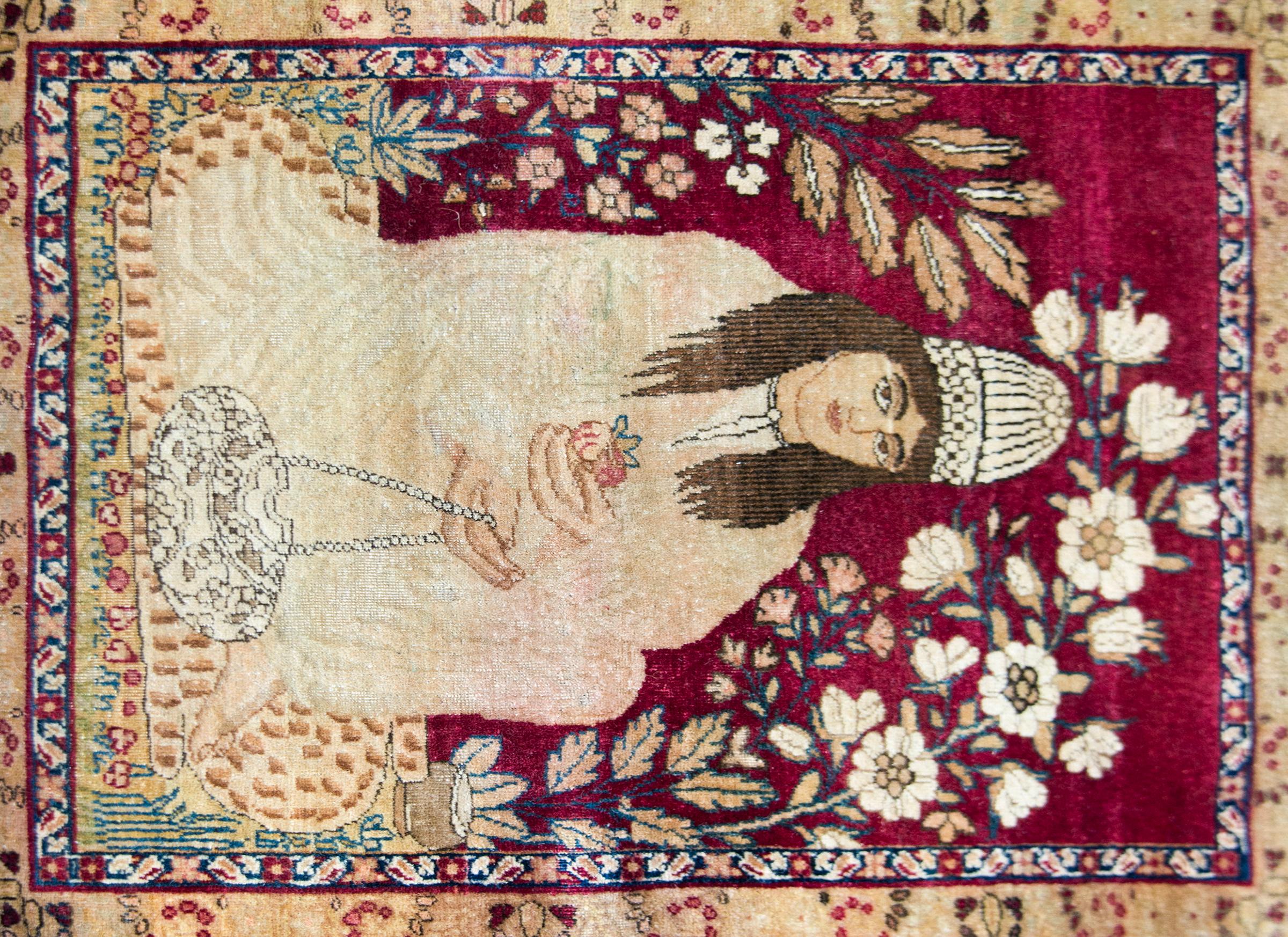 Persian 19th Century Pictorial Lavar Kirman Rug For Sale