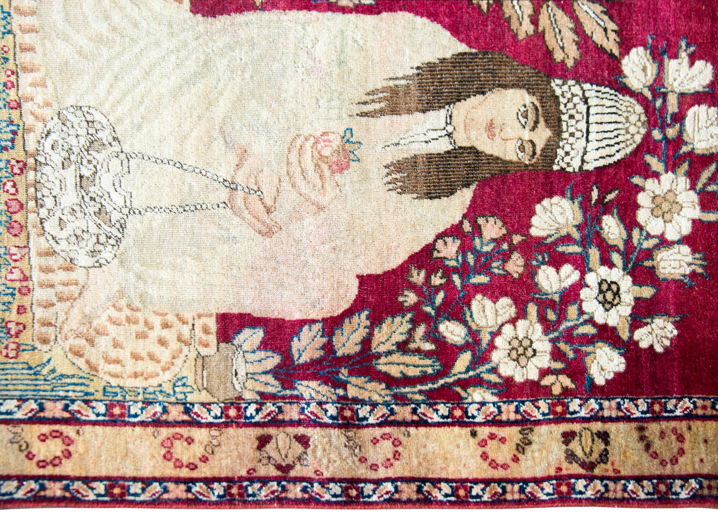 Hand-Knotted 19th Century Pictorial Lavar Kirman Rug For Sale