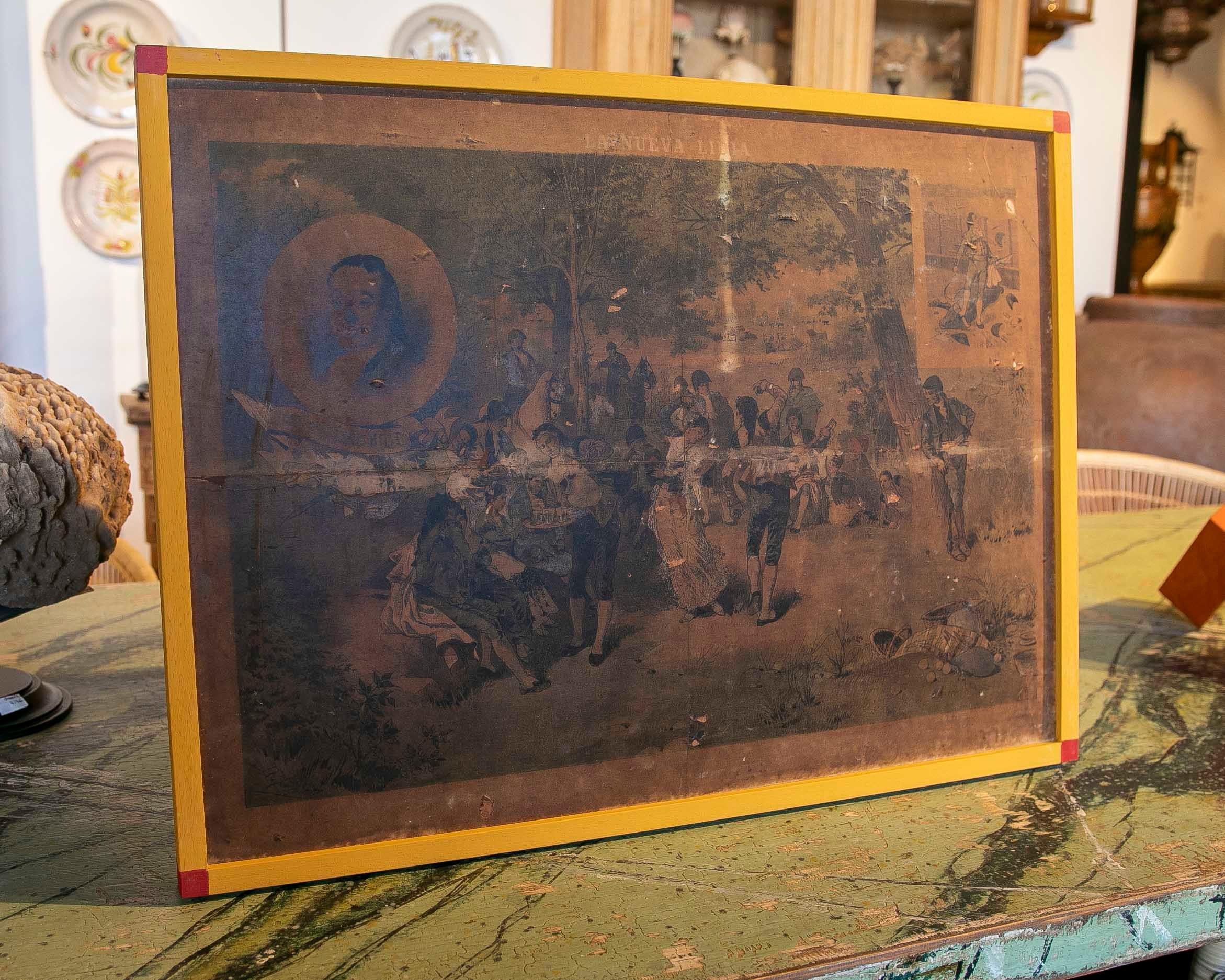 Photo imprimée sur papier du 19ème siècle représentant une scène espagnole avec cadre
