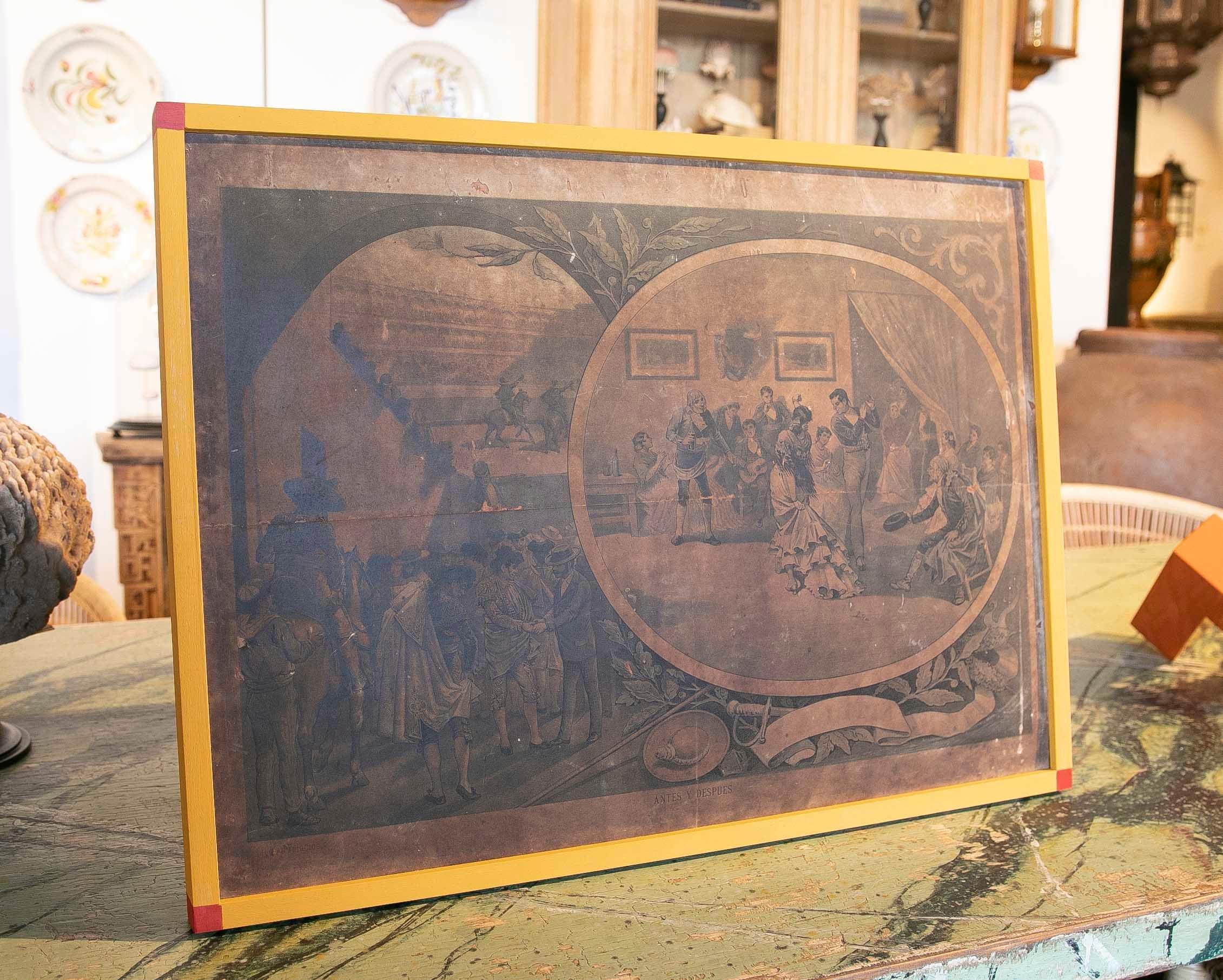 19th Century Picture Printed on Paper Spanish Scene with Framed In Good Condition For Sale In Marbella, ES