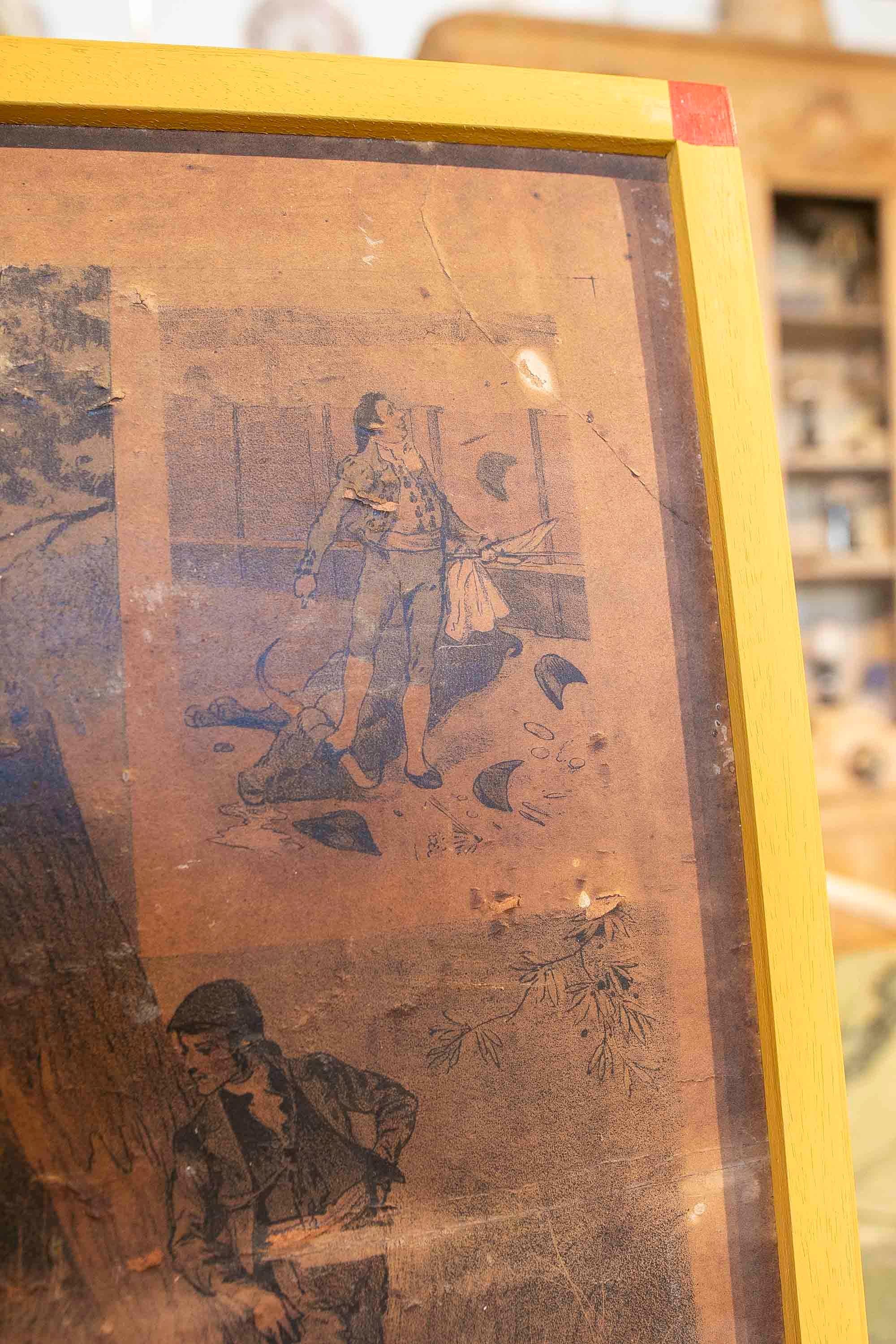 Bois Photo imprimée sur papier du 19ème siècle représentant une scène espagnole avec cadre en vente