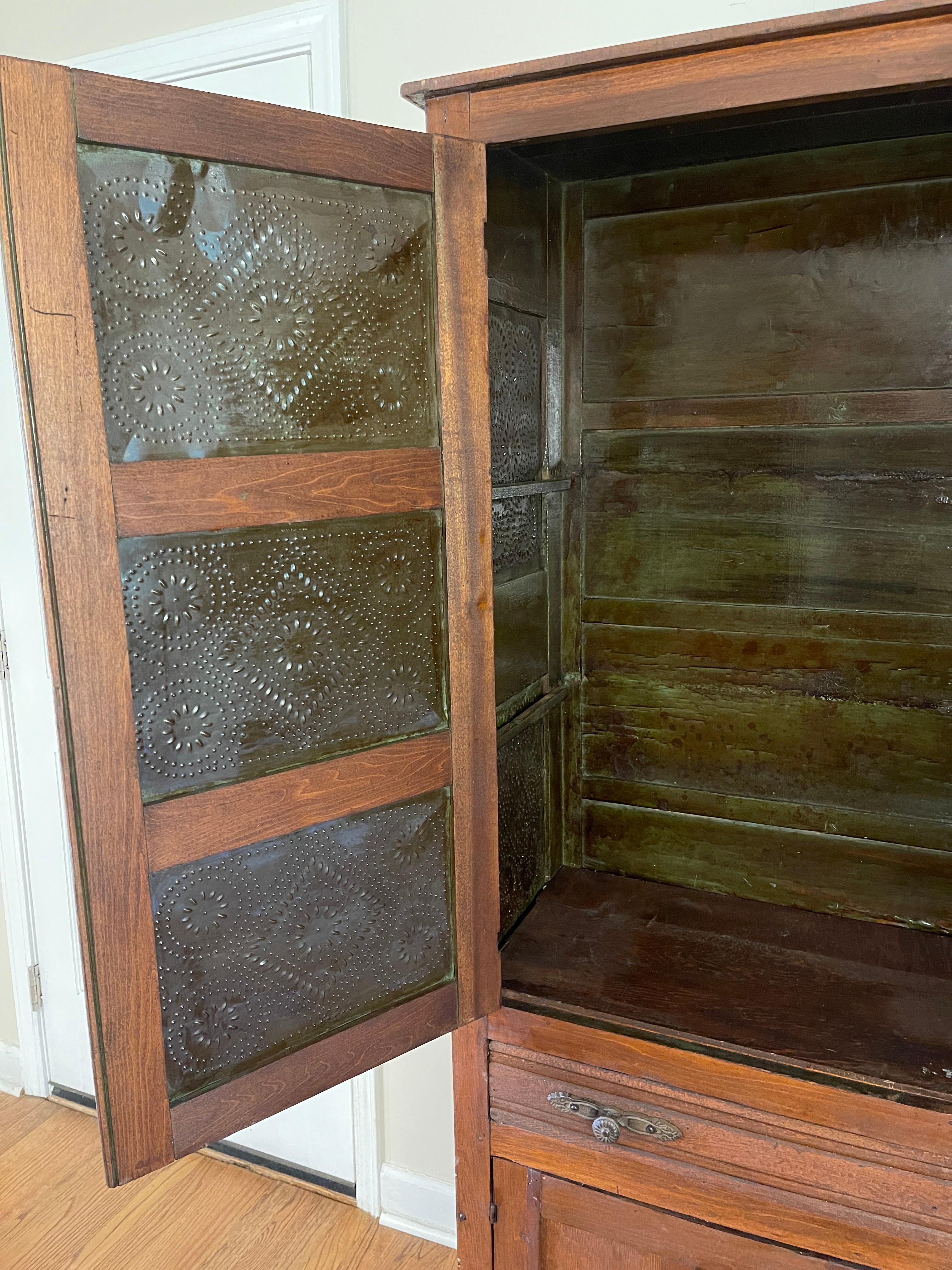Wood 19th Century Pie Safe with 10 Punched Tin Panels