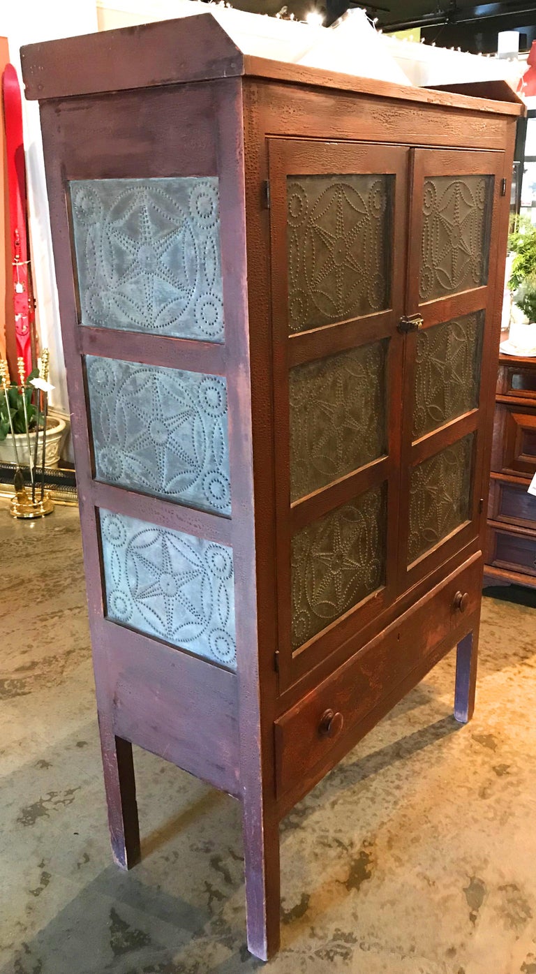 19th Century Pierced Tin Decorated Pie Safe or Cupboard with Old Red