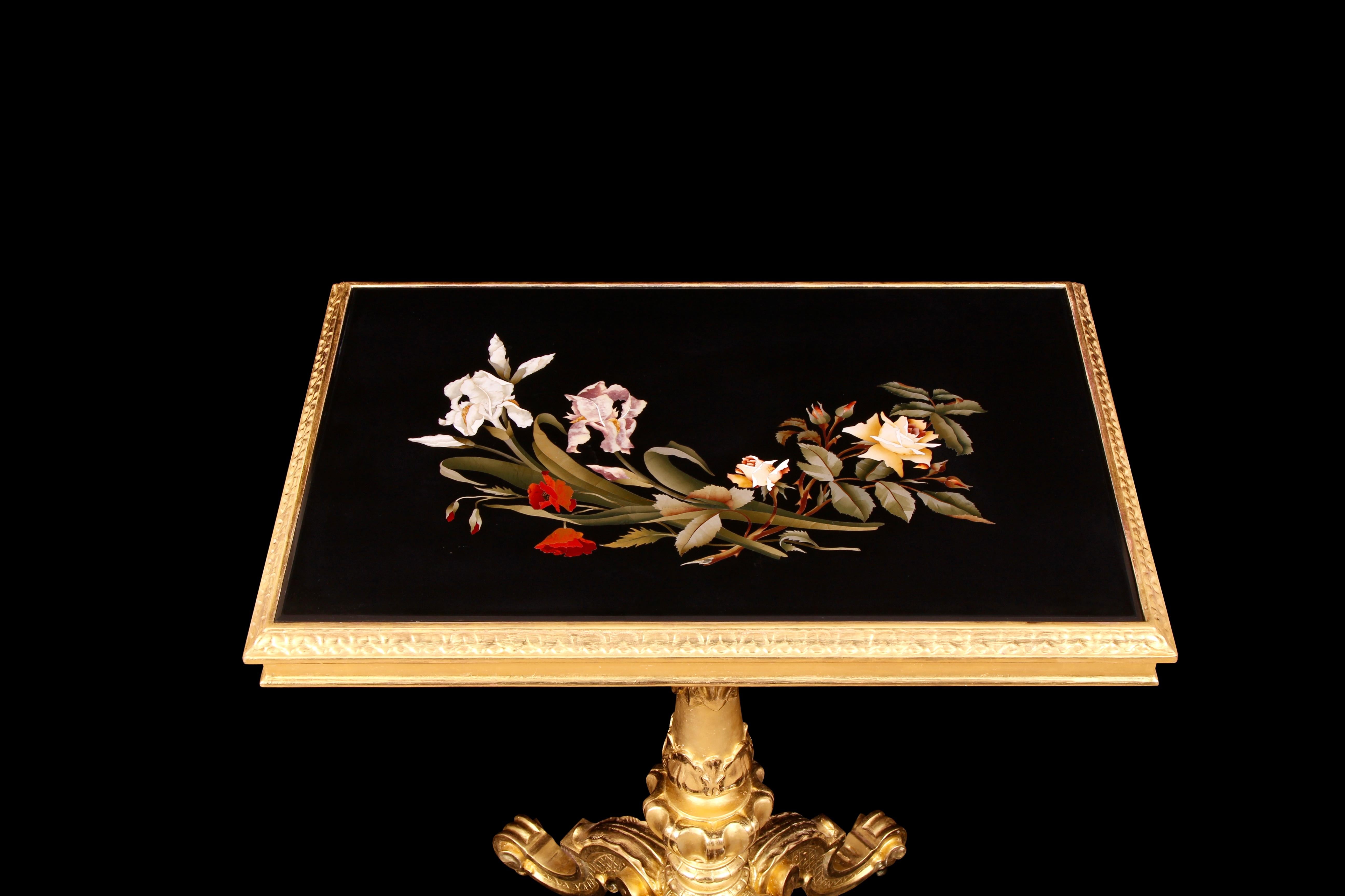 Agate 19th Century Pietra Dura Marble Giltwood Table For Sale