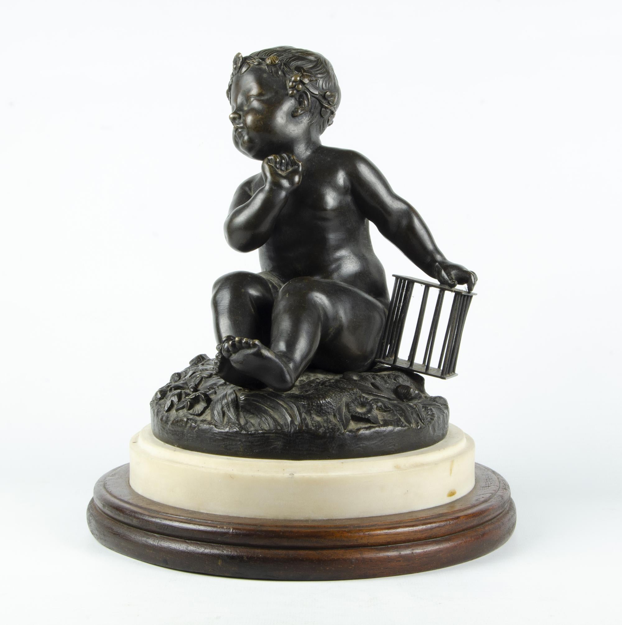 19th-century patinated bronze sculpture of a child holding a birdcage based on a design by Jean-Baptiste Pigalle, France

By: Jean-Baptiste Pigalle (in the style of)
Material: bronze, copper, tin, metal, stone, marble, wood
Technique: cast, molded,