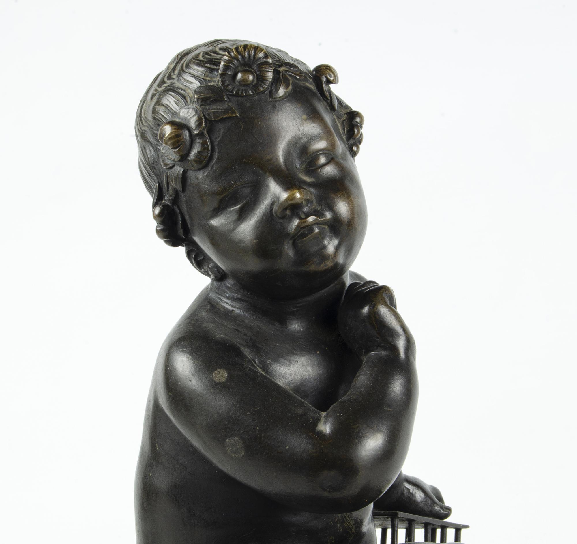 19th Century Pigalle-Inspired Bronze Sculpture of a Child Holding a Cage, France (Französisch) im Angebot