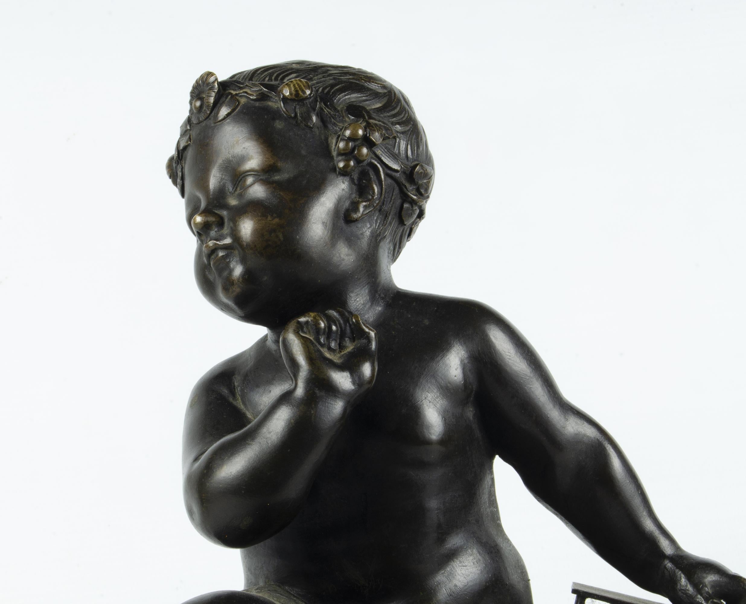 19th Century Pigalle-Inspired Bronze Sculpture of a Child Holding a Cage, France (Geschnitzt) im Angebot