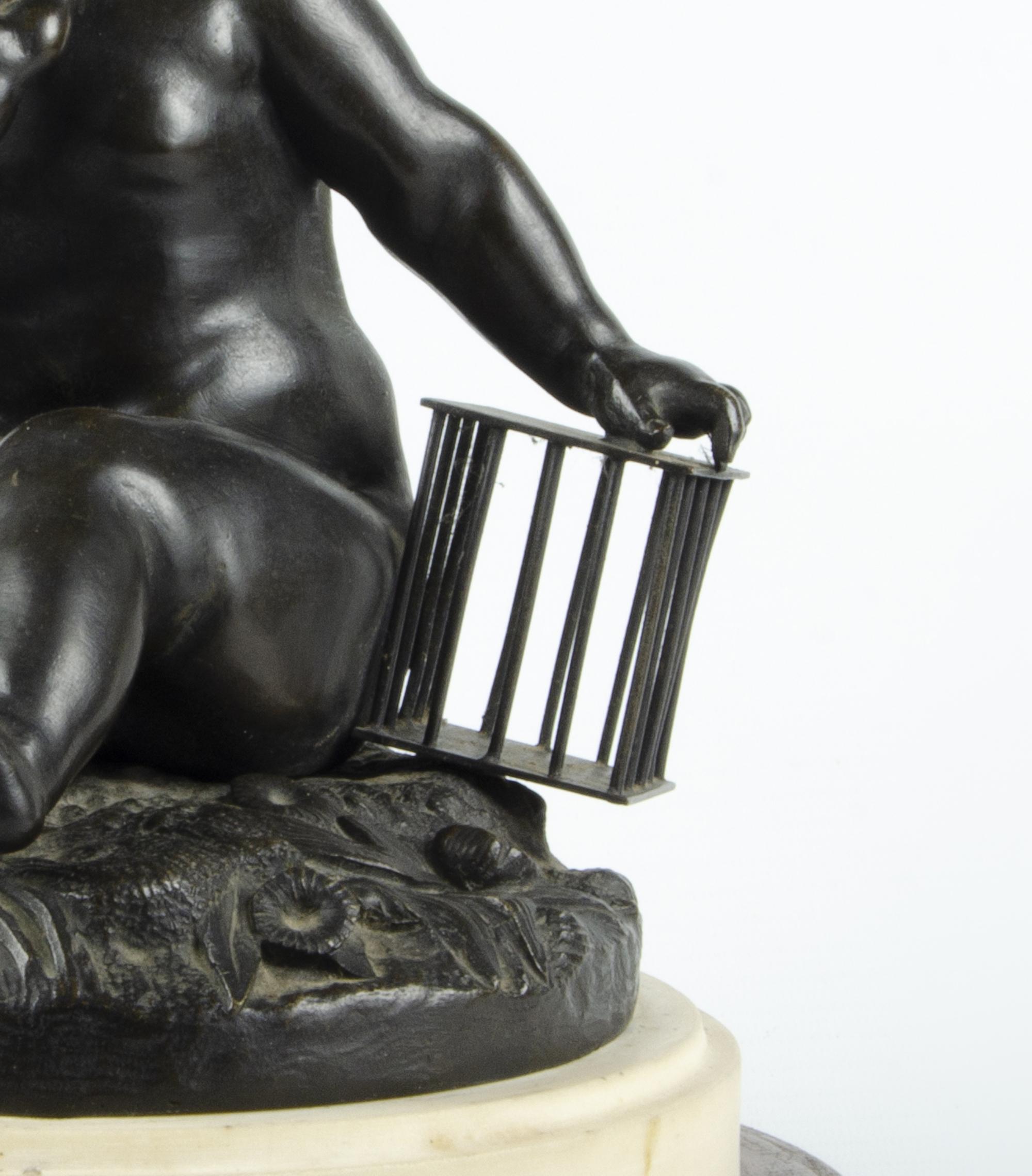 19th Century Pigalle-Inspired Bronze Sculpture of a Child Holding a Cage, France (19. Jahrhundert) im Angebot