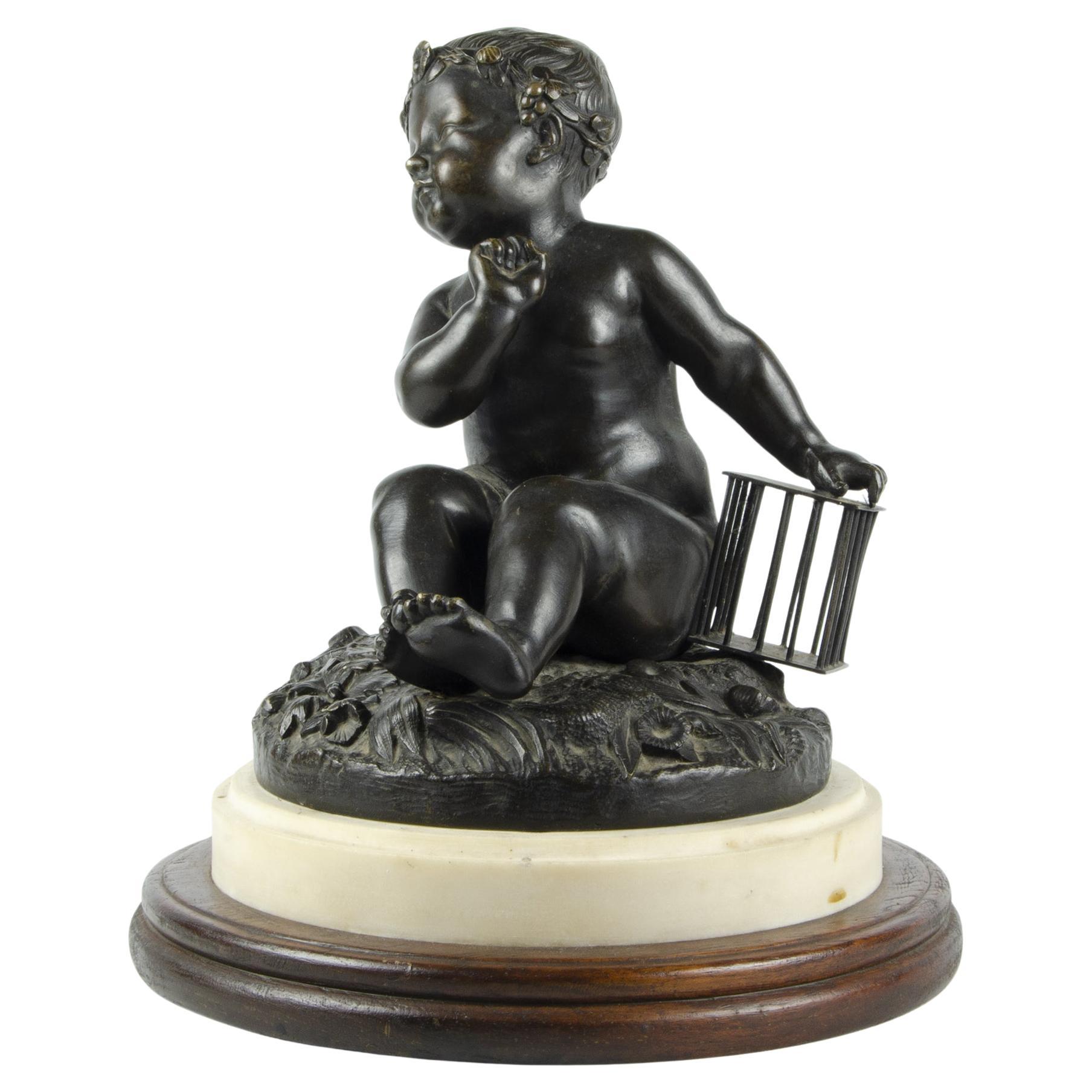 19th Century Pigalle-Inspired Bronze Sculpture of a Child Holding a Cage, France im Angebot