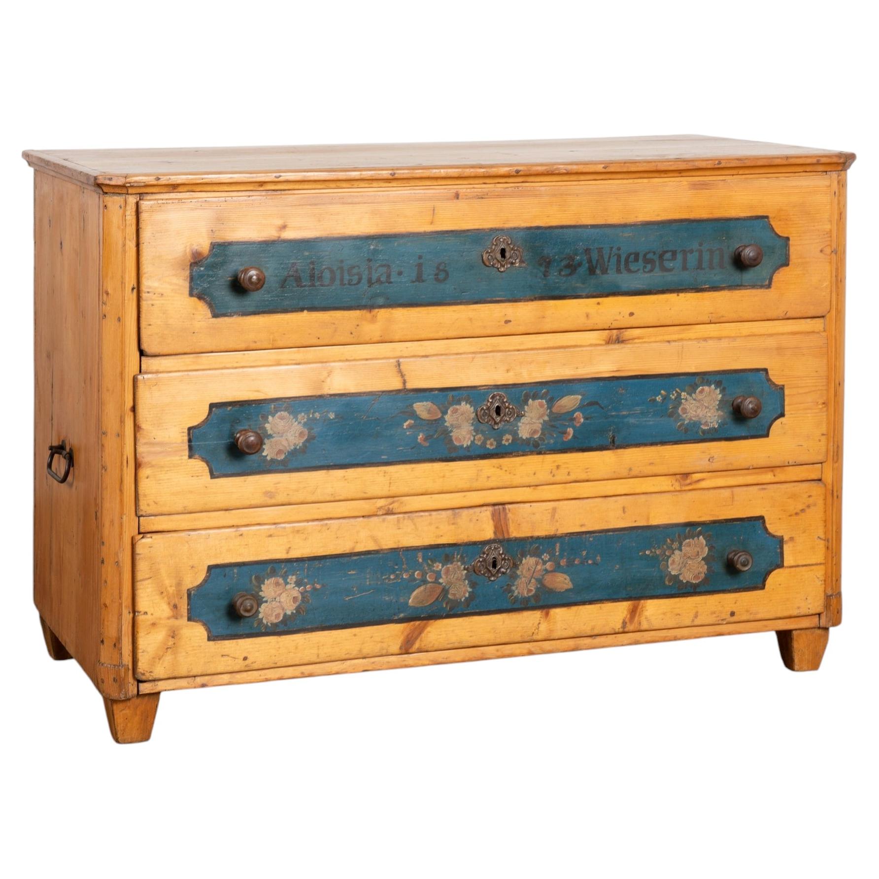 Coffre à 3 tiroirs en pin du 19e siècle avec décoration peinte originale, daté de 1873