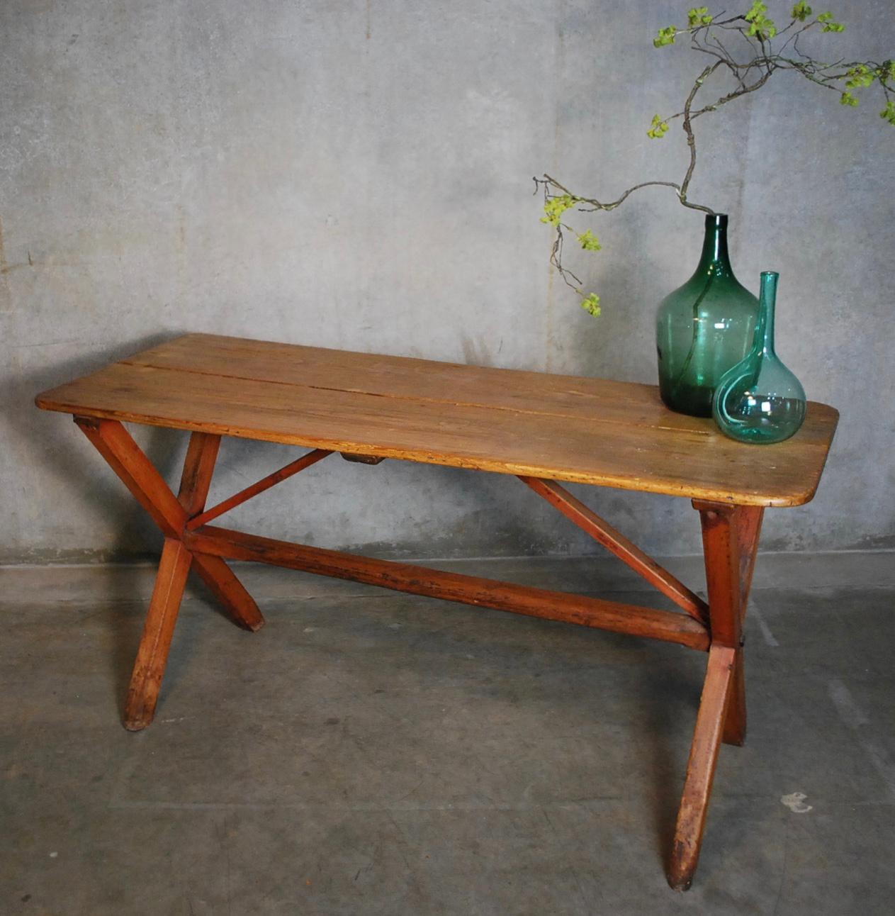 Untouched table showing 2 board scrubbed top, old red finish on base with detailed balanced form.
Table is rock solid. Acquired from a private collection.