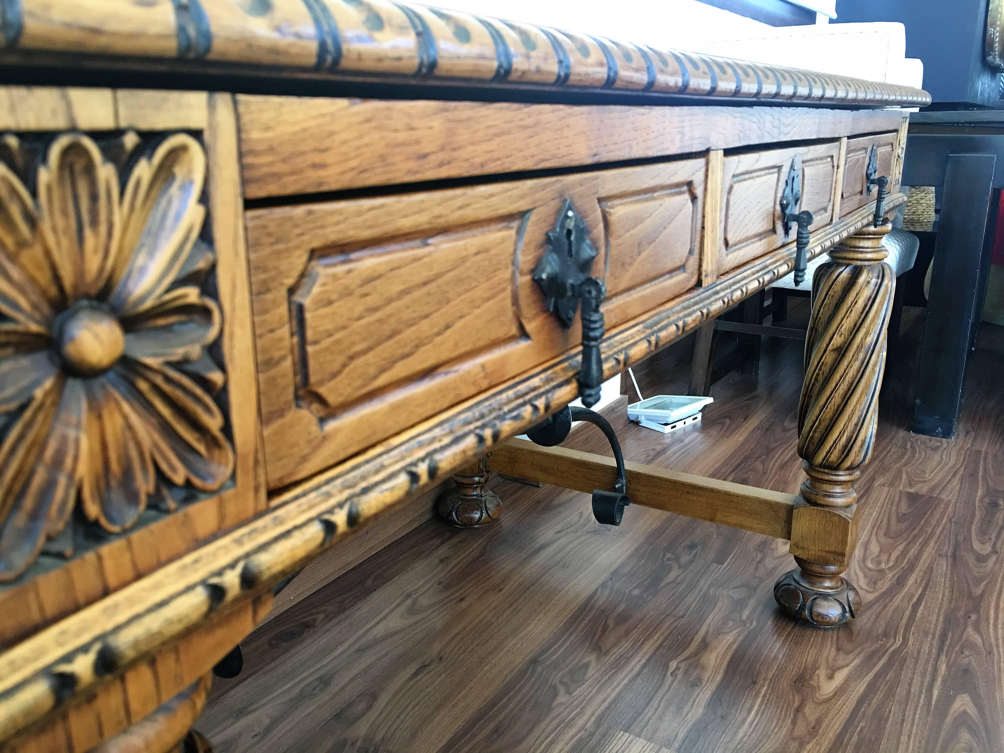 19th Century Pine and Wrought Iron Desk with Three Drawers with Turning Legs 4
