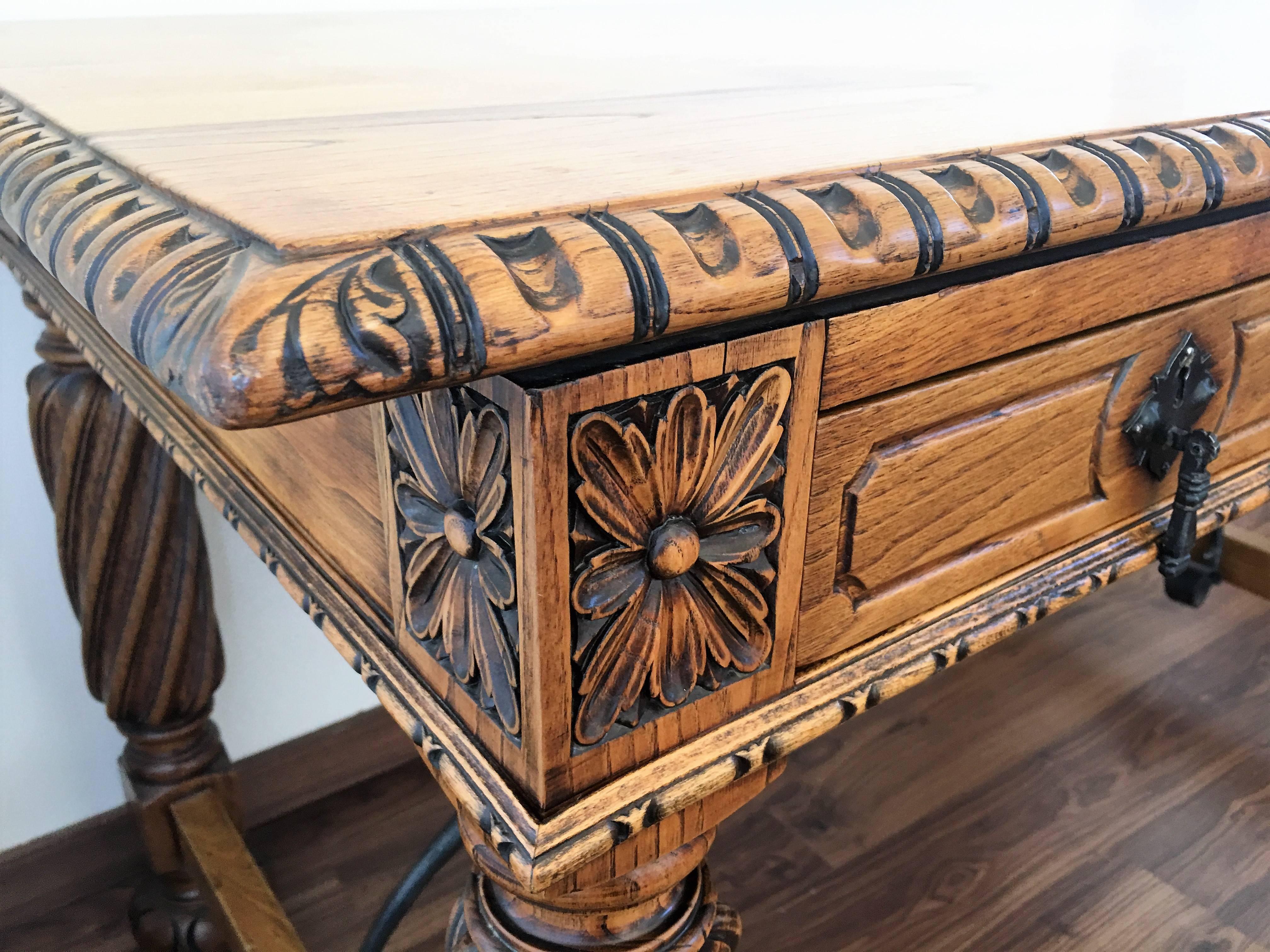 19th Century Pine and Wrought Iron Desk with Three Drawers with Turning Legs 7