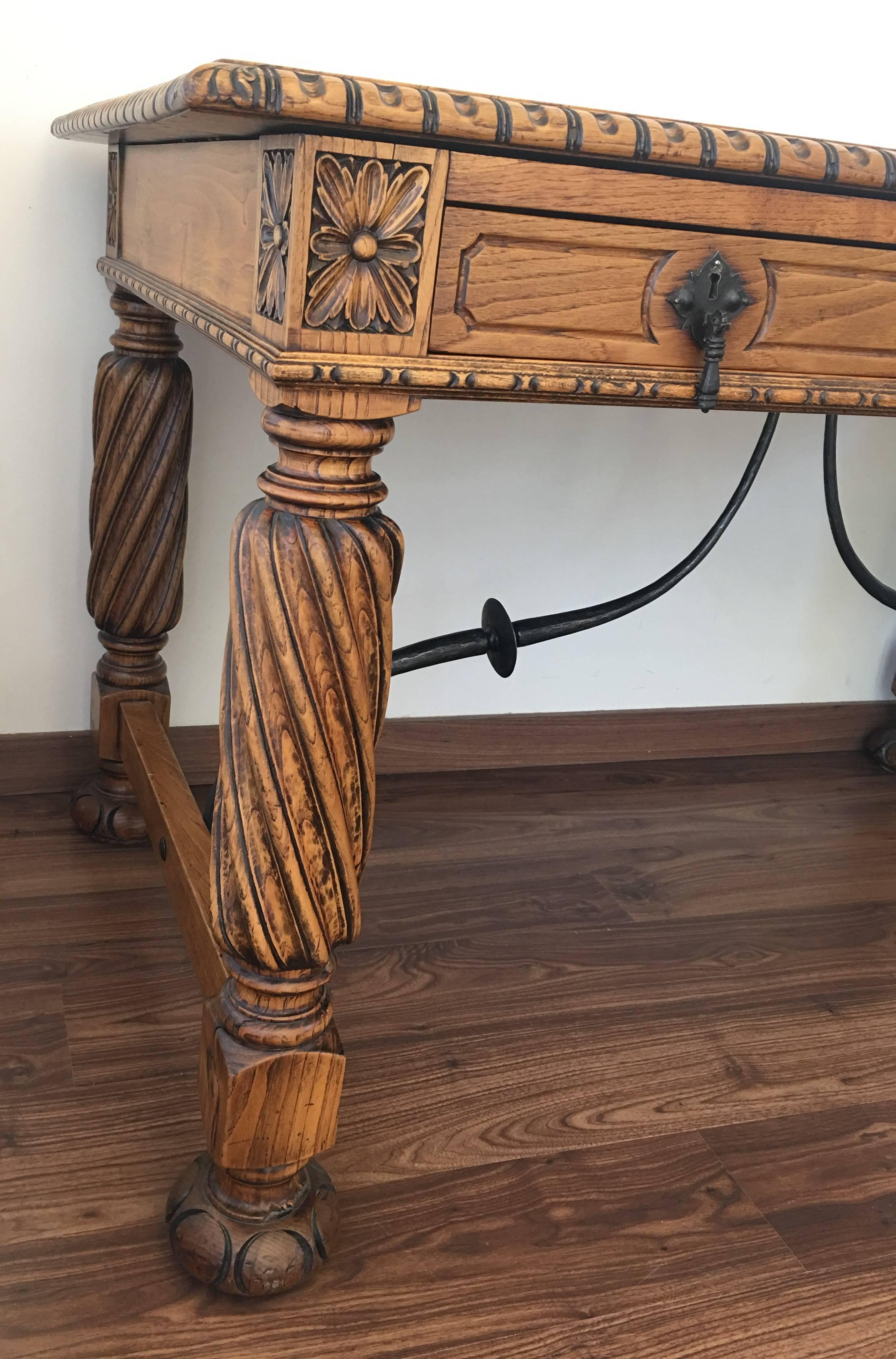 19th Century Pine and Wrought Iron Desk with Three Drawers with Turning Legs 9