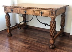 19th Century Pine and Wrought Iron Desk with Three Drawers with Turning Legs