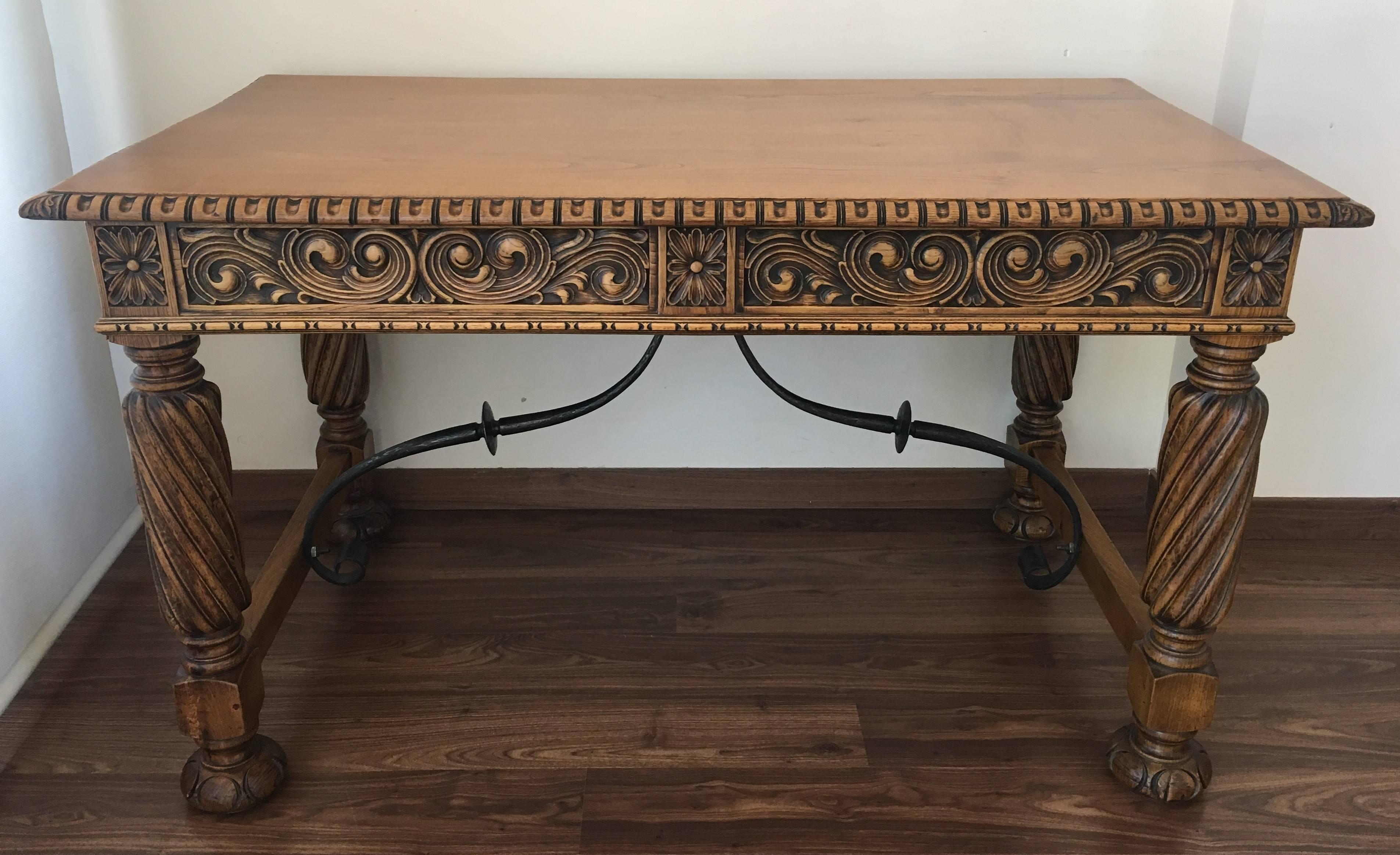 French 19th Century Pine and Wrought Iron Desk with Three Drawers with Turning Legs