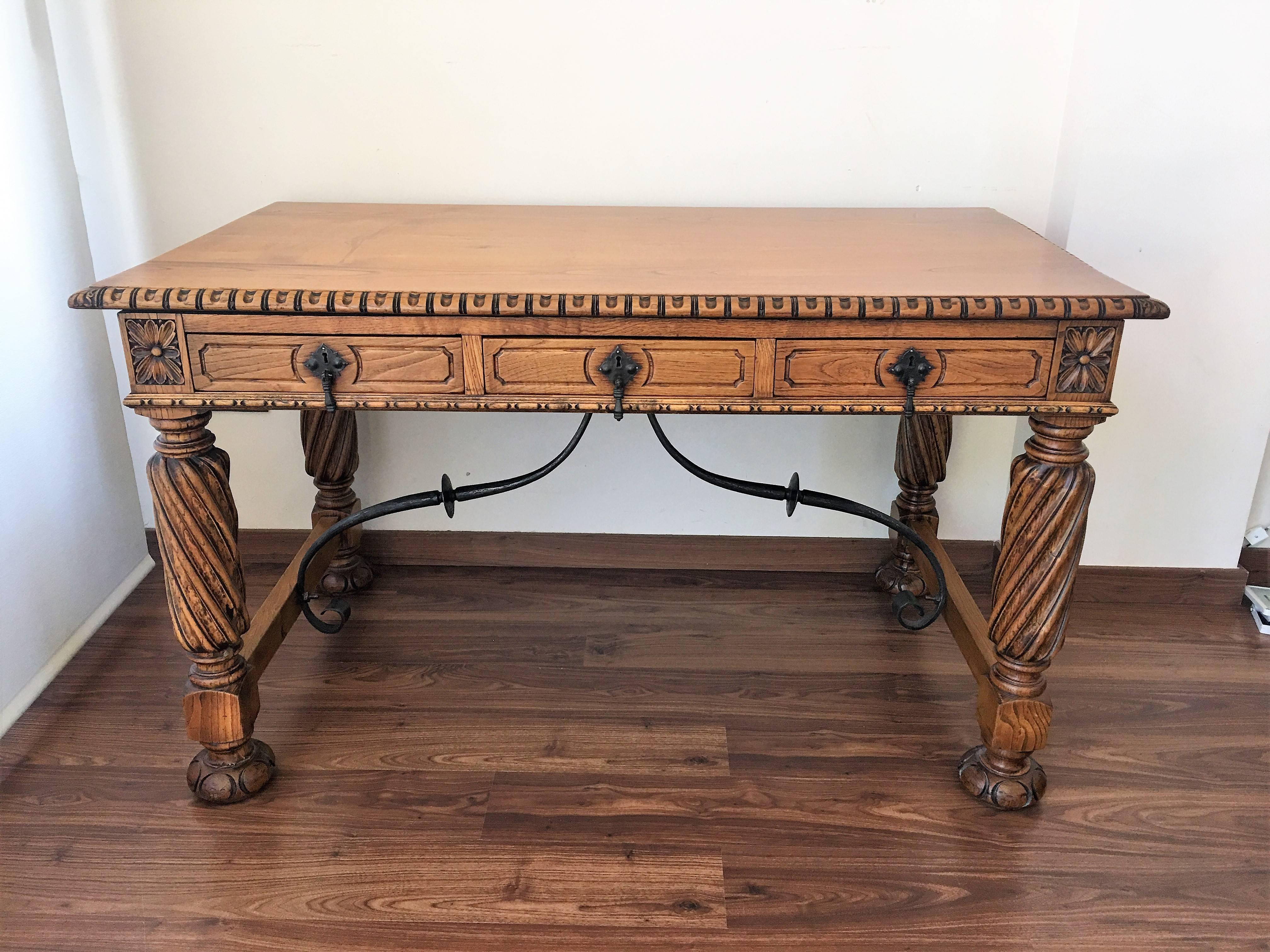 Late 19th Century 19th Century Pine and Wrought Iron Desk with Three Drawers with Turning Legs