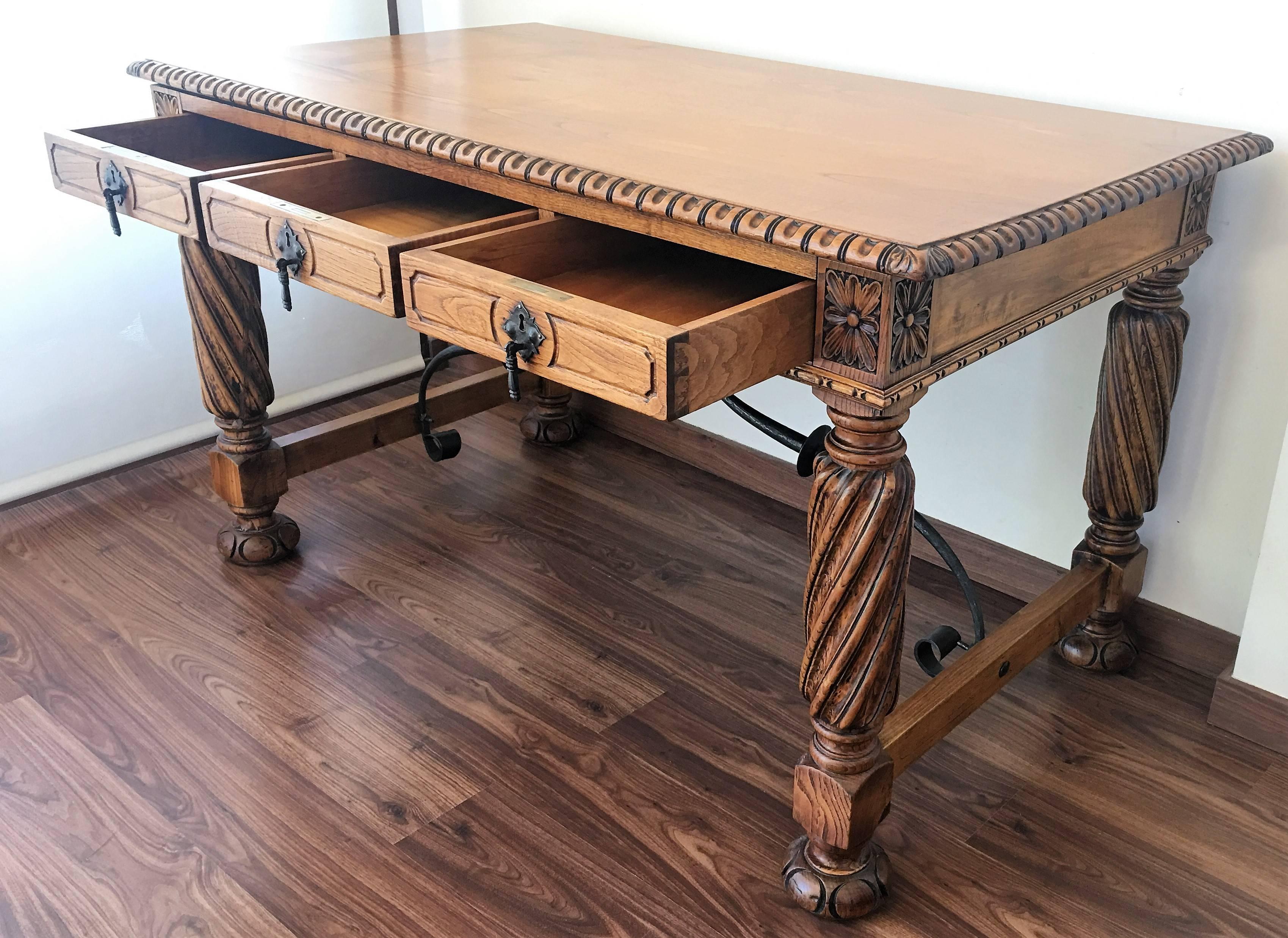 19th Century Pine and Wrought Iron Desk with Three Drawers with Turning Legs 2