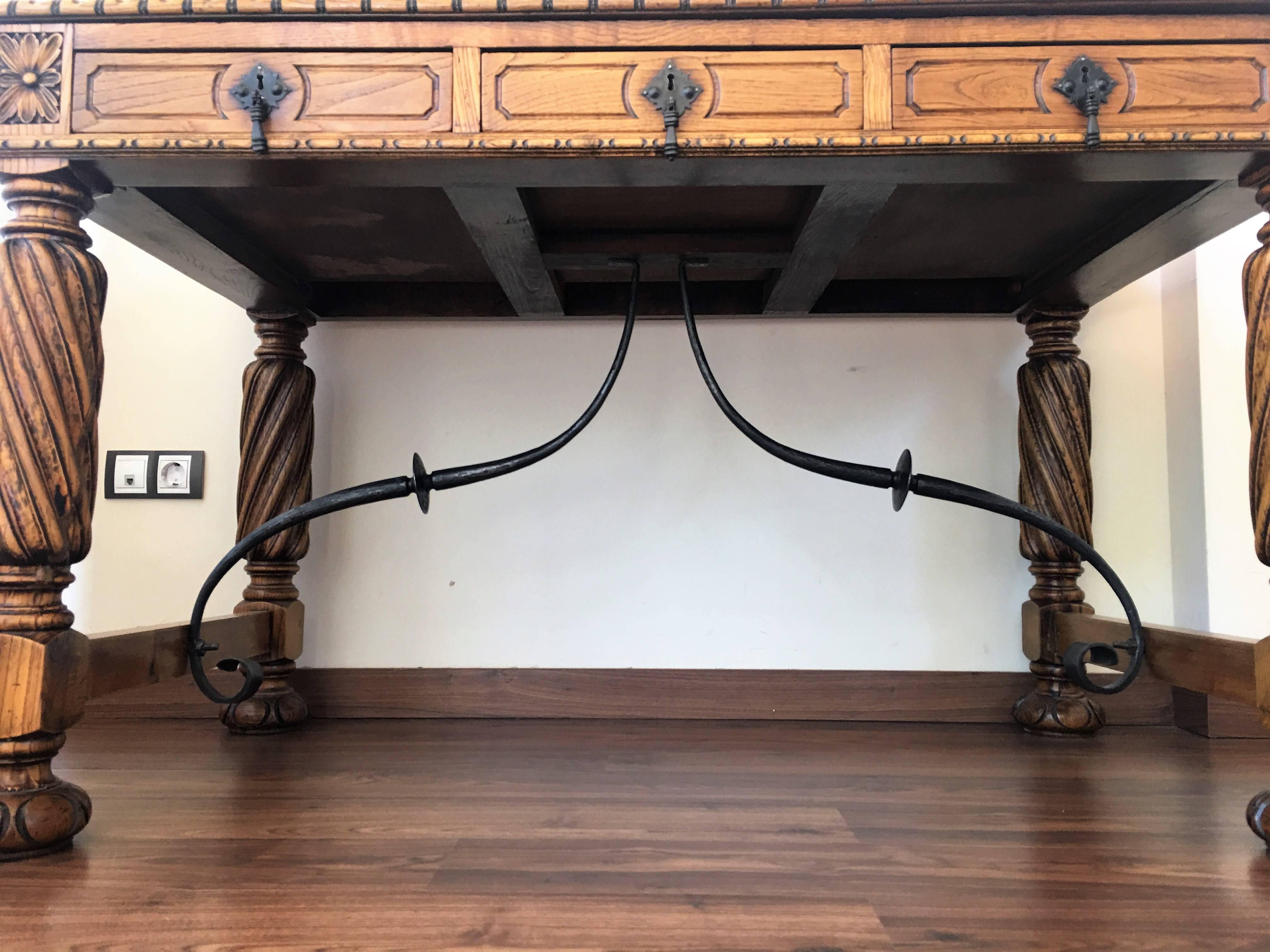 19th Century Pine and Wrought Iron Desk with Three Drawers with Turning Legs 3