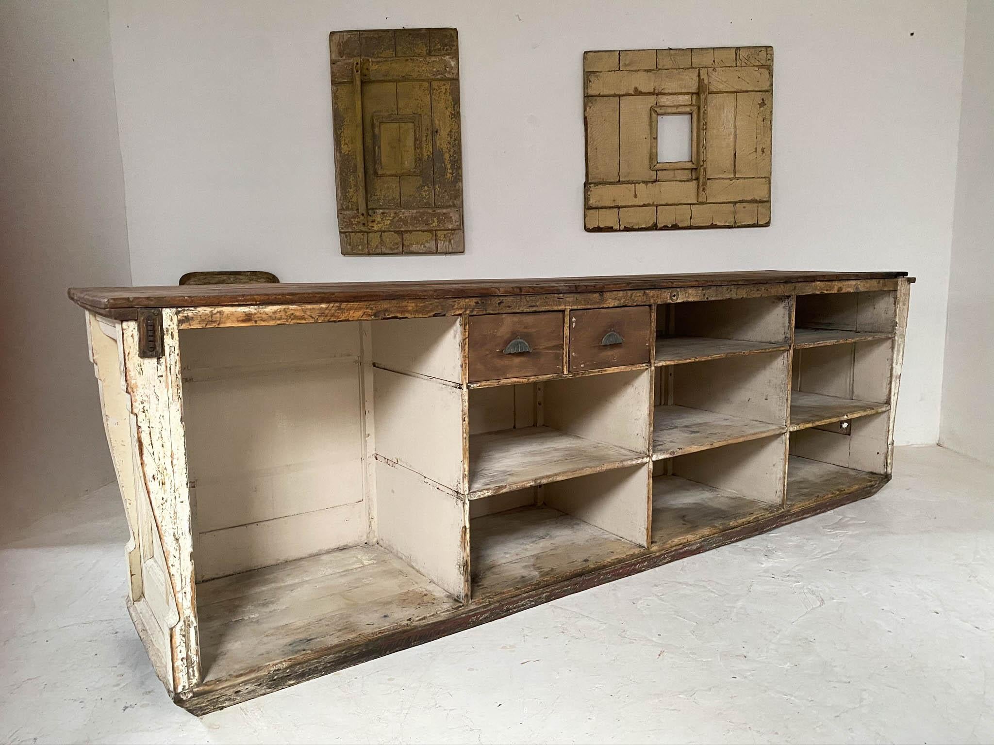19th Century Pine Antique Shop Counter Kitchen Island Worktable Haberdashery For Sale 7