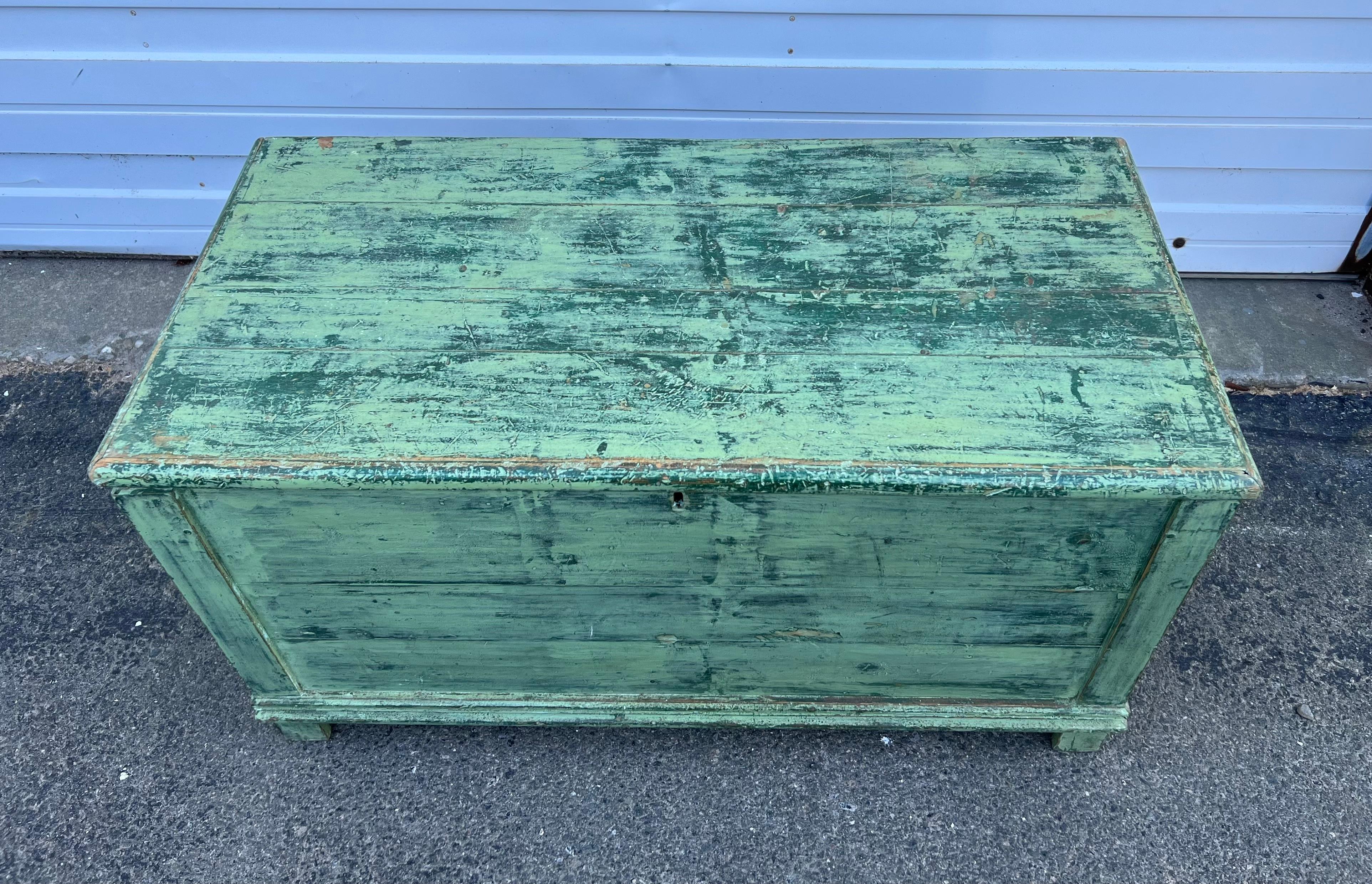 Hand-Crafted 19th Century Pine Blanket Chest in Early Green Paint For Sale