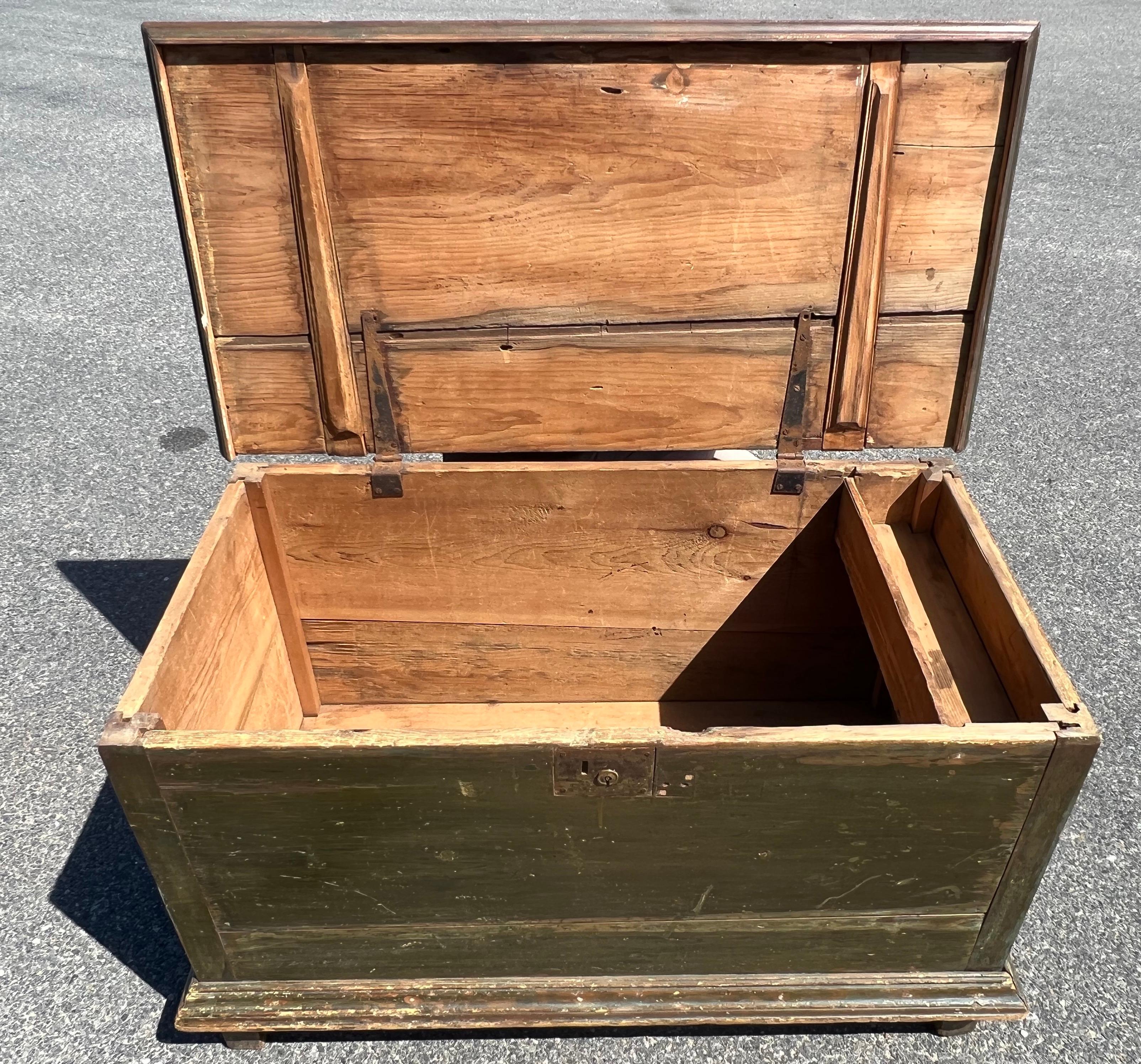Hand-Crafted 19th Century Pine Blanket Chest in Original Olive Green Paint For Sale
