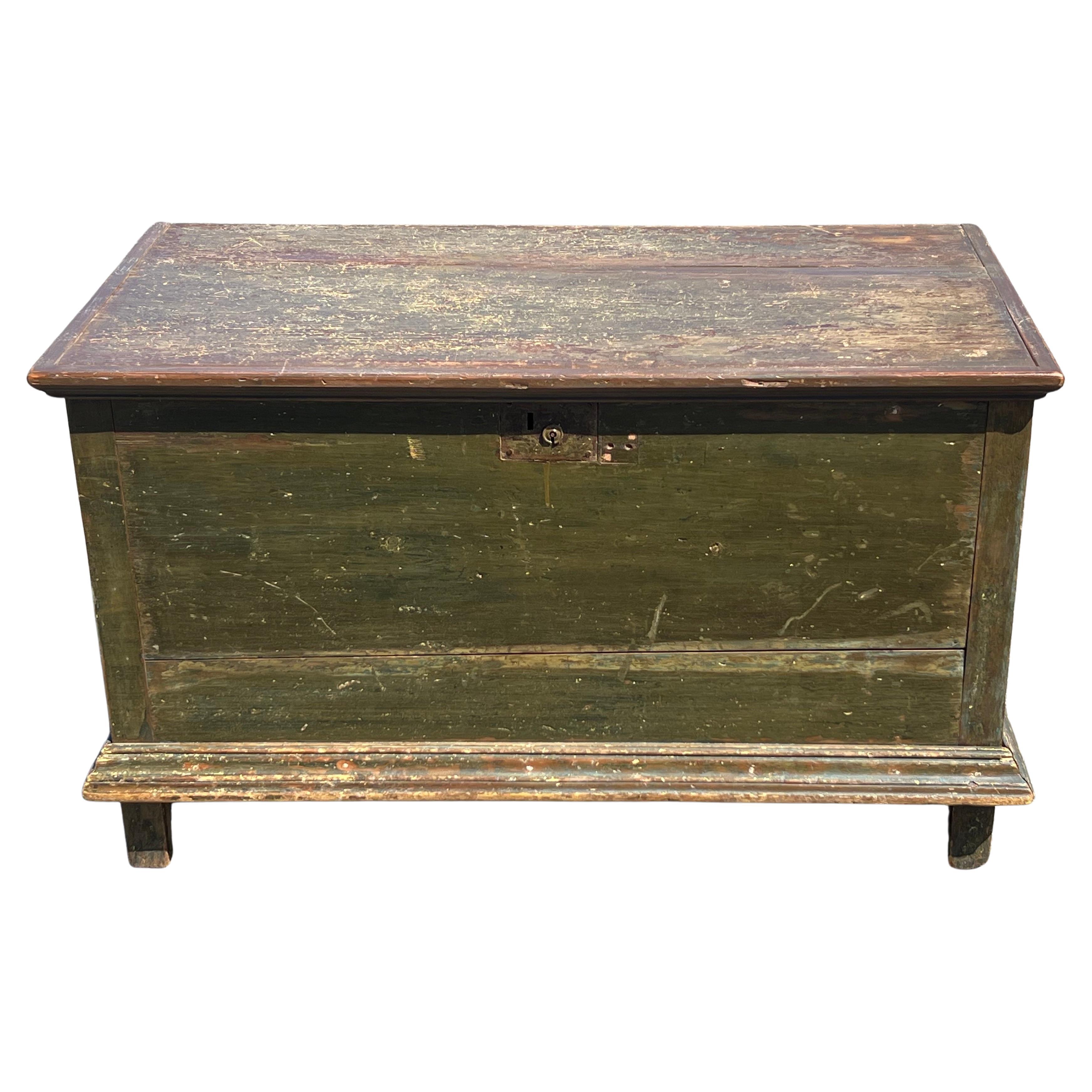 19th Century Pine Blanket Chest in Original Olive Green Paint