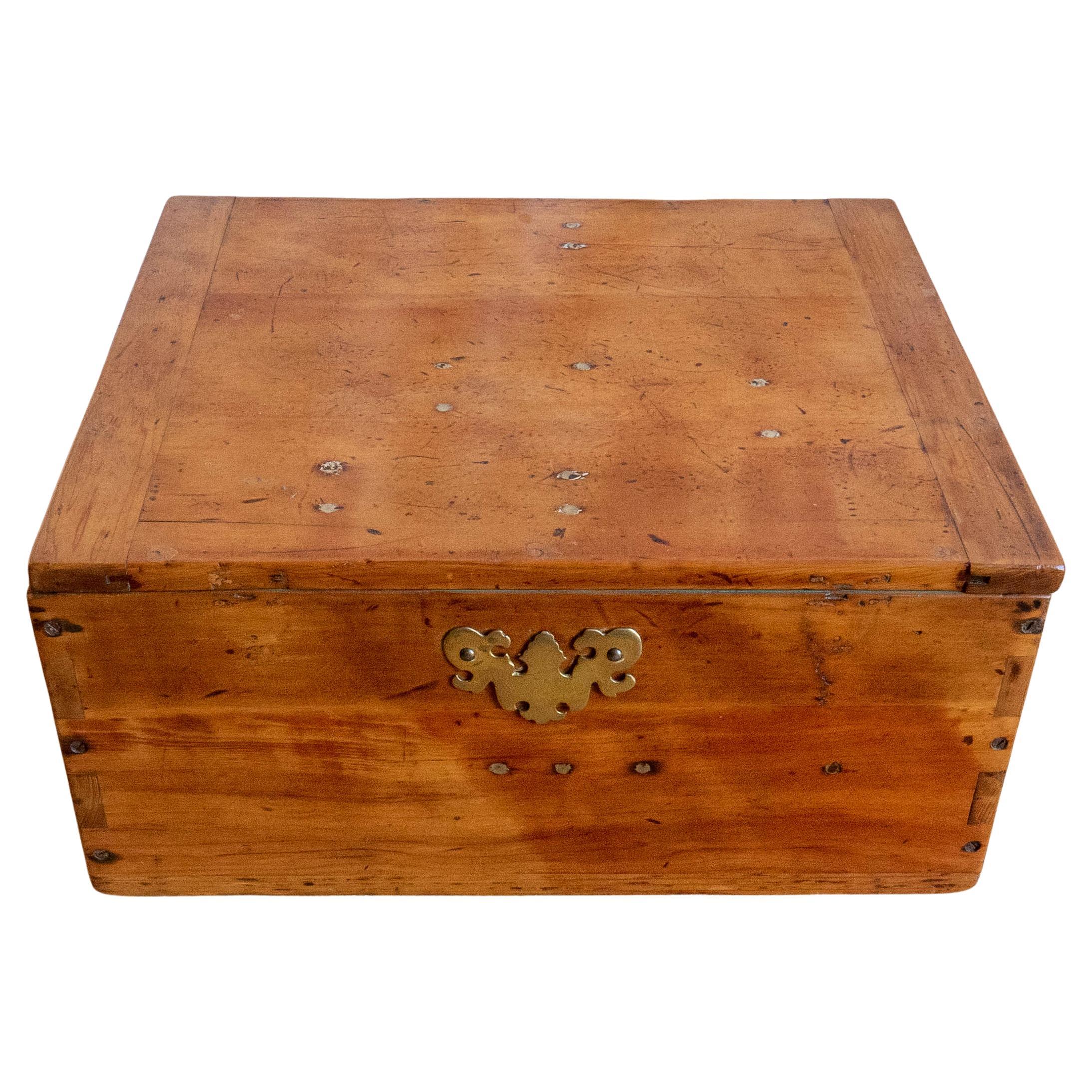 19th Century Pine Box with Brass Embellishments and Painted Interior