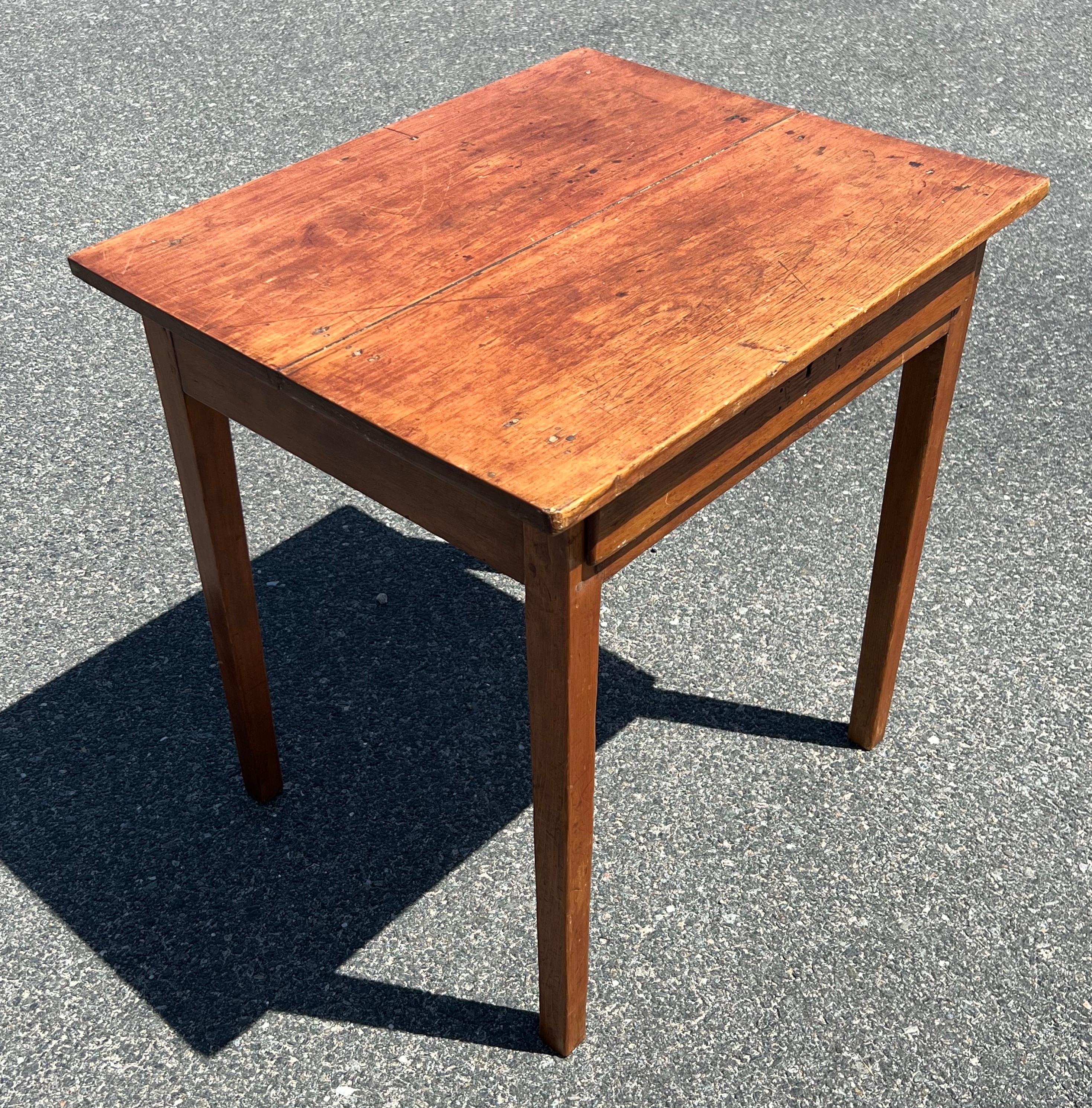 19th Century Pine Convent stand with two board top, single, overlapped drawer, and hand-forged nails.  Missing original pulls, lockplate missing key.  