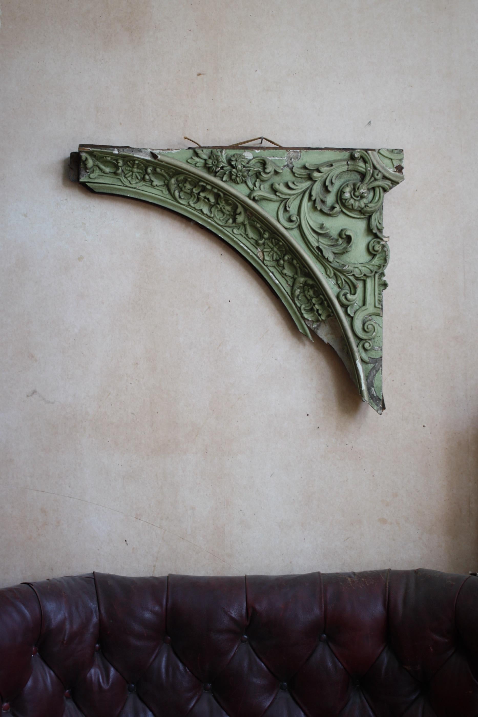 A decorative architectural wood and gesso element in its original mist green paint.

Areas of loss to the gesso work, abrasions and knocks. All adding to the decorative look of the piece. 

late 19th century in age, English in