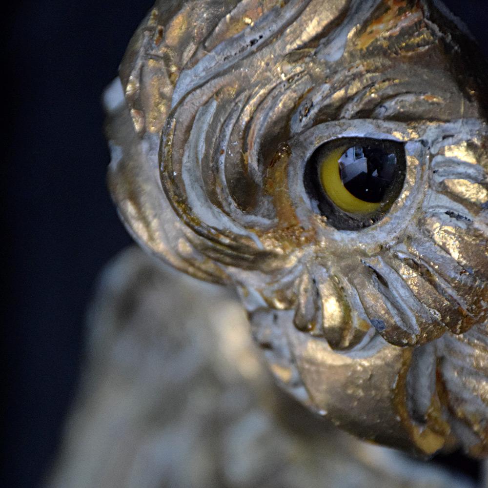 19th century pine gold gilt carved owl figure
We are proud to offer an amazing example of a 19th Century carved pine figure of a gold gilt painted pine open winged owl. With glass eyes and wonderful open winged posture, this hand carved item would