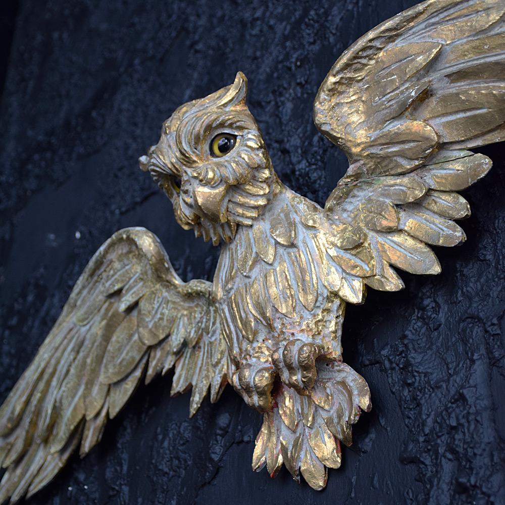 19th Century Pine Gold Gilt Carved Owl Figure In Fair Condition In London, GB