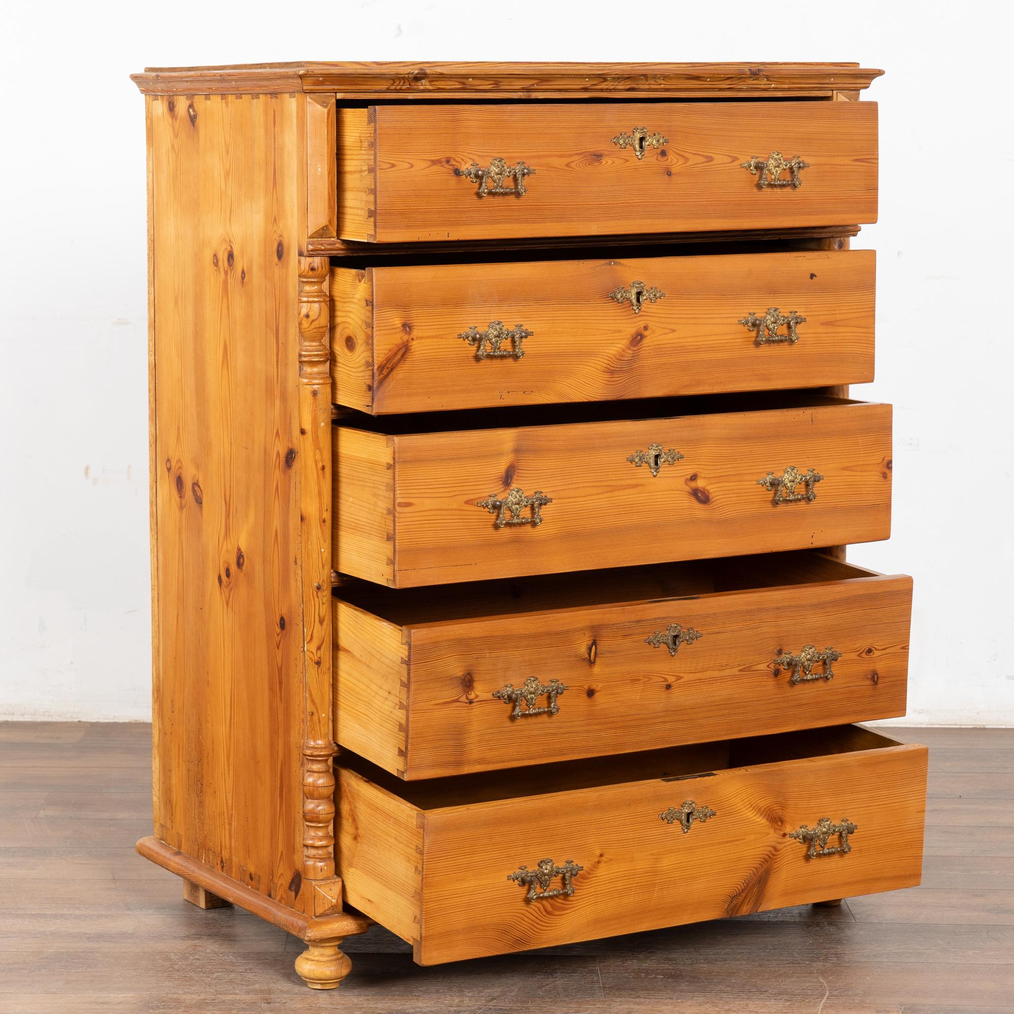 Country 19th Century Pine Highboy Chest of Five Drawers For Sale