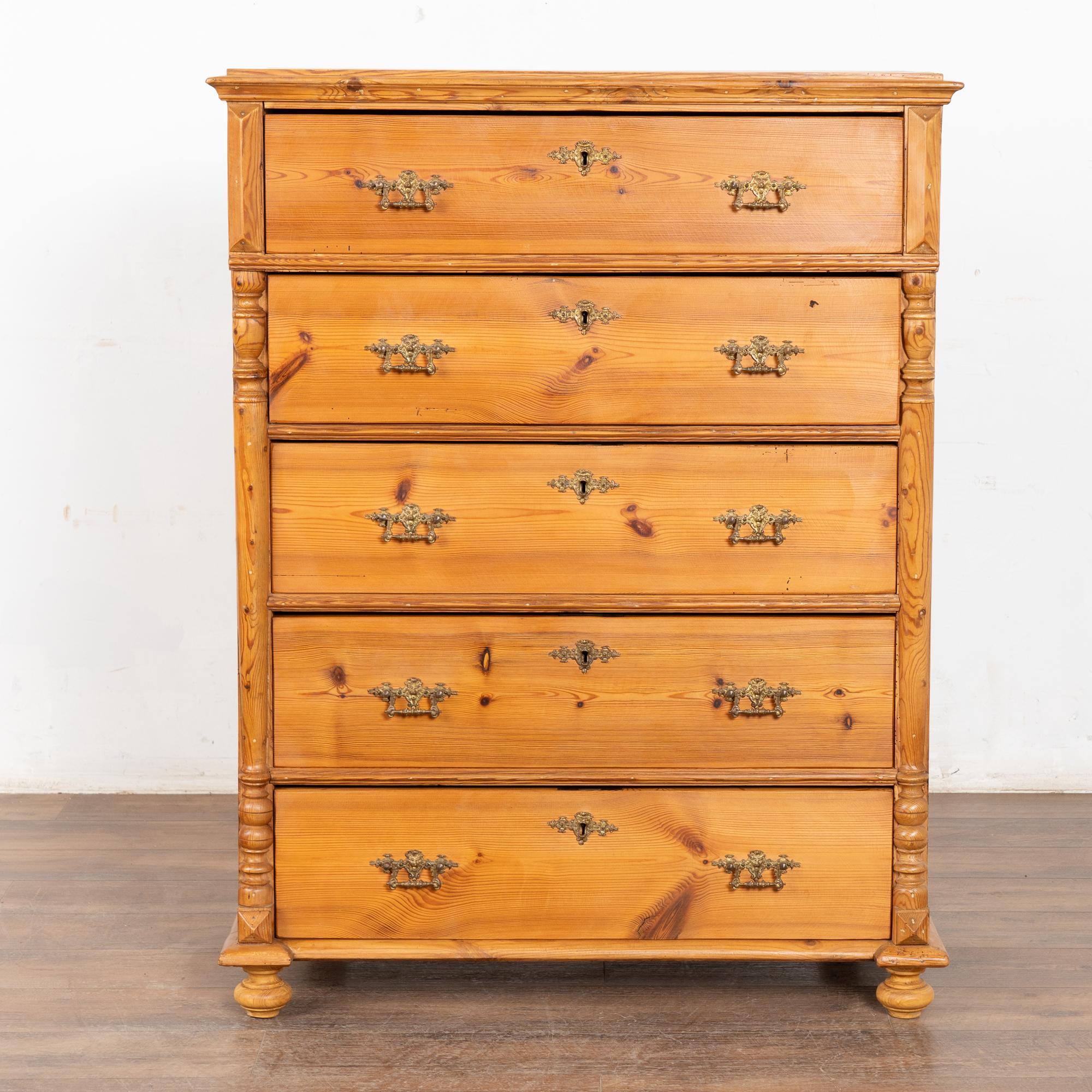 Swedish 19th Century Pine Highboy Chest of Five Drawers For Sale