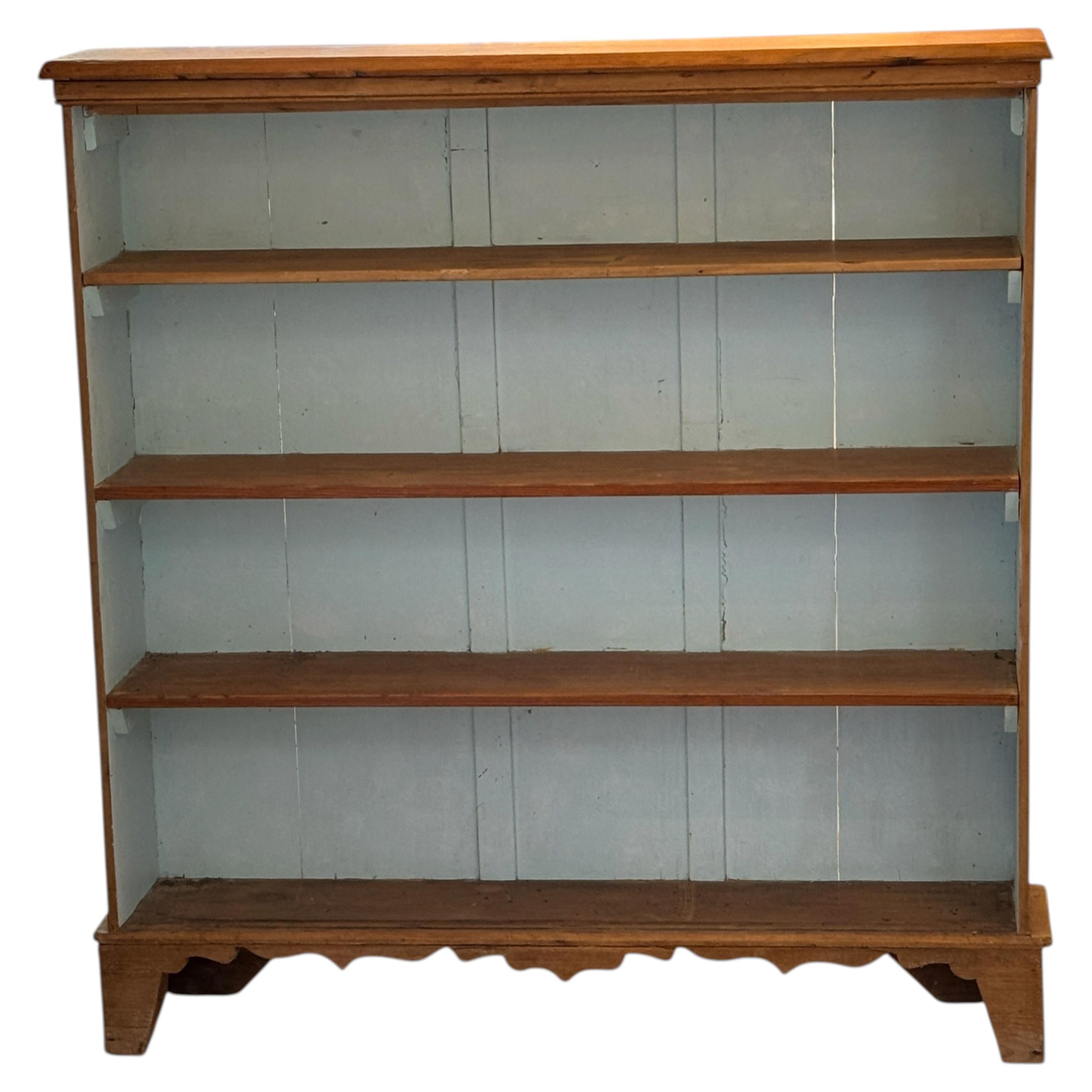 19th Century Pine Open Bookcase With Painted Blue Interior