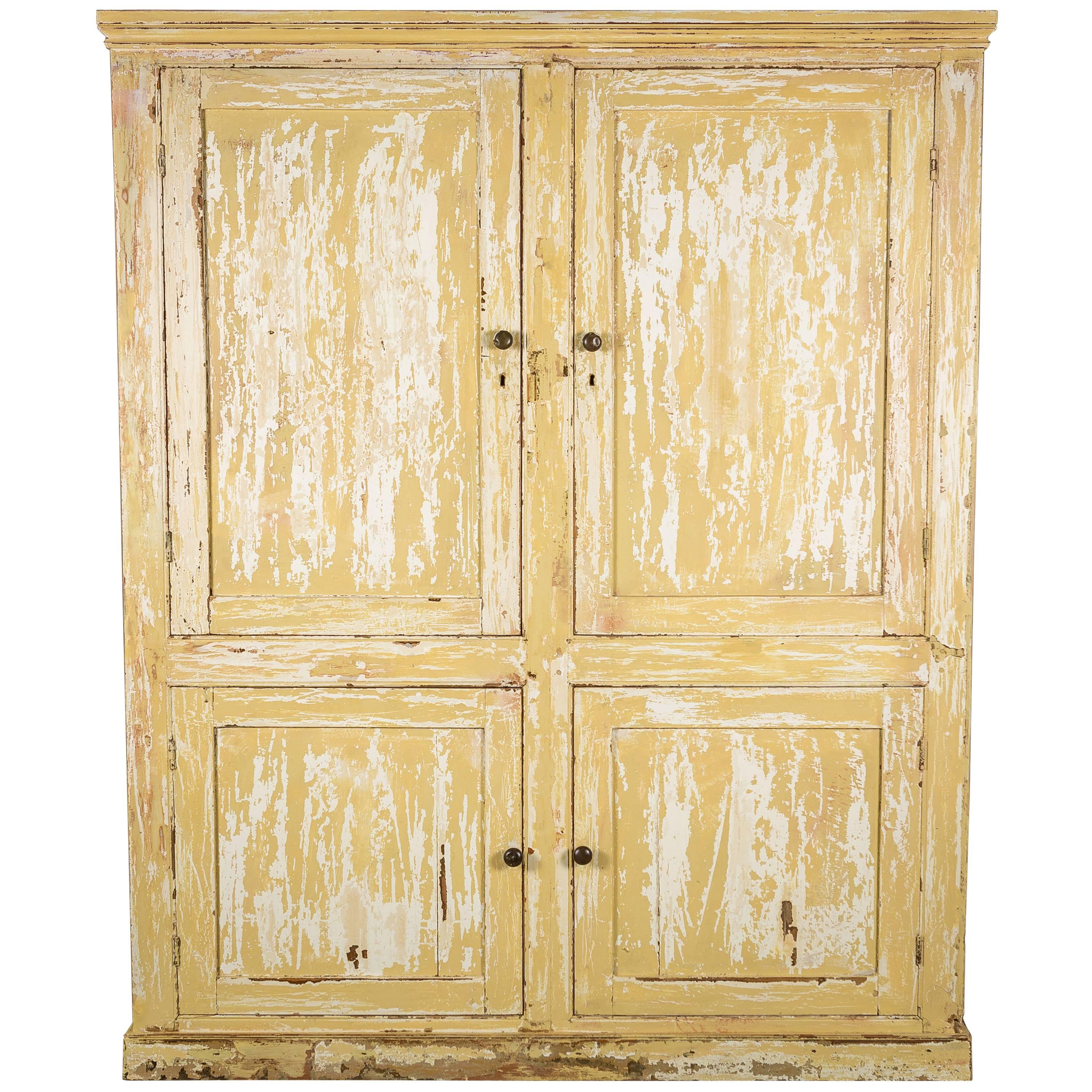 19th Century Pine Pantry Kitchen Cupboards with Distressed Paint For Sale