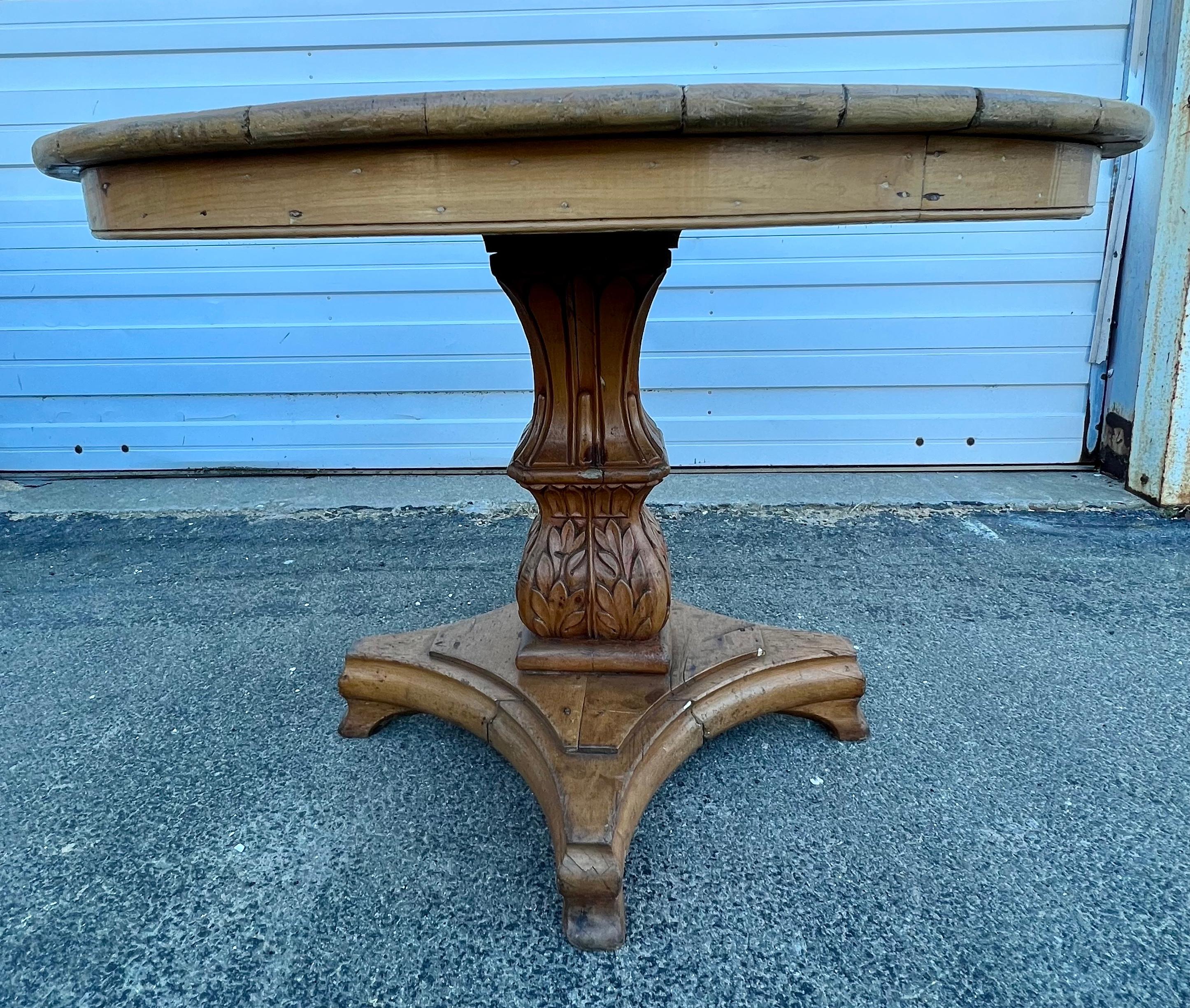 Hand-Crafted 19th Century Pine Pedestal Table With Pieced Top and Acanthus Base For Sale