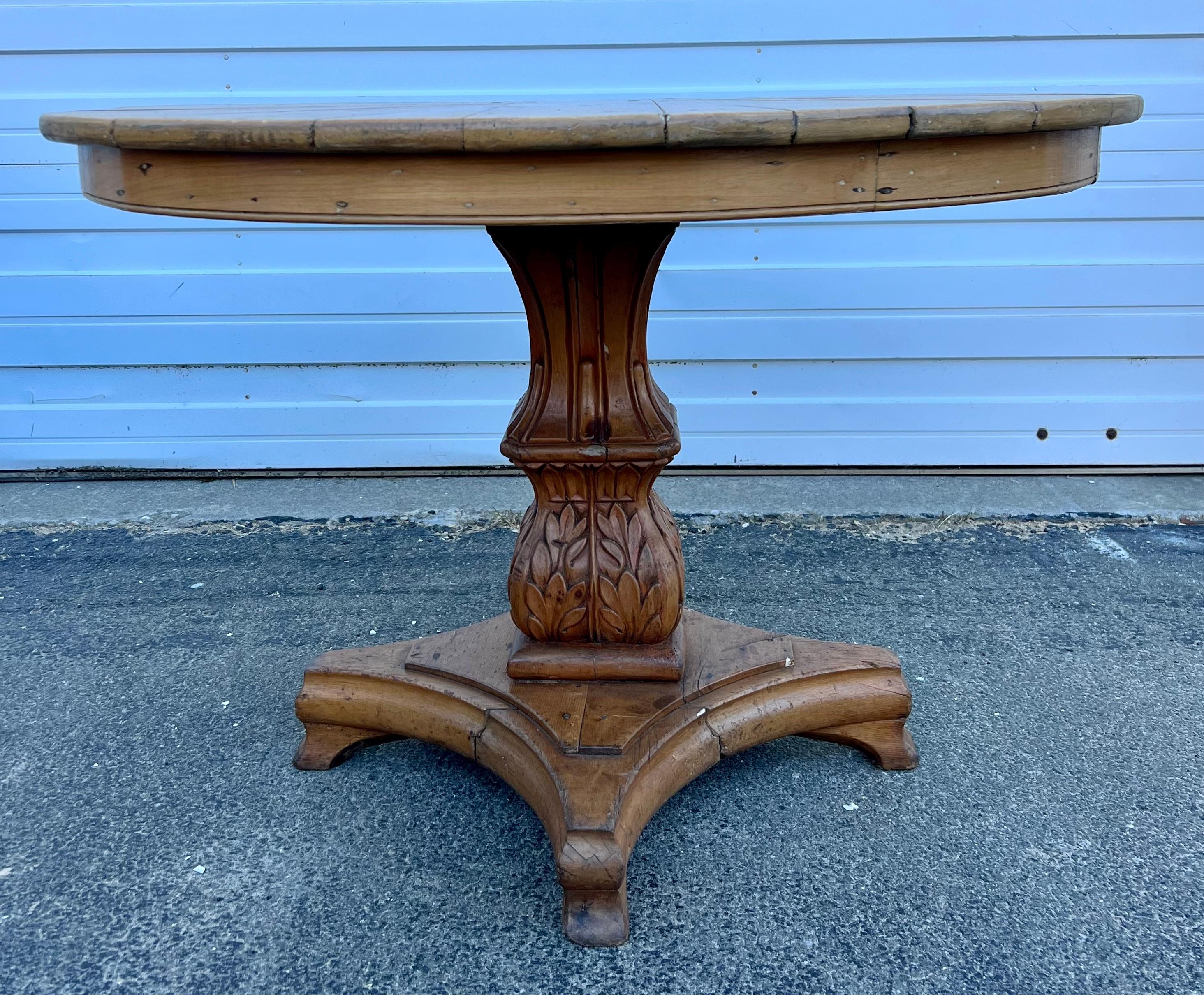 19th Century Pine Pedestal Table With Pieced Top and Acanthus Base In Good Condition For Sale In Nantucket, MA