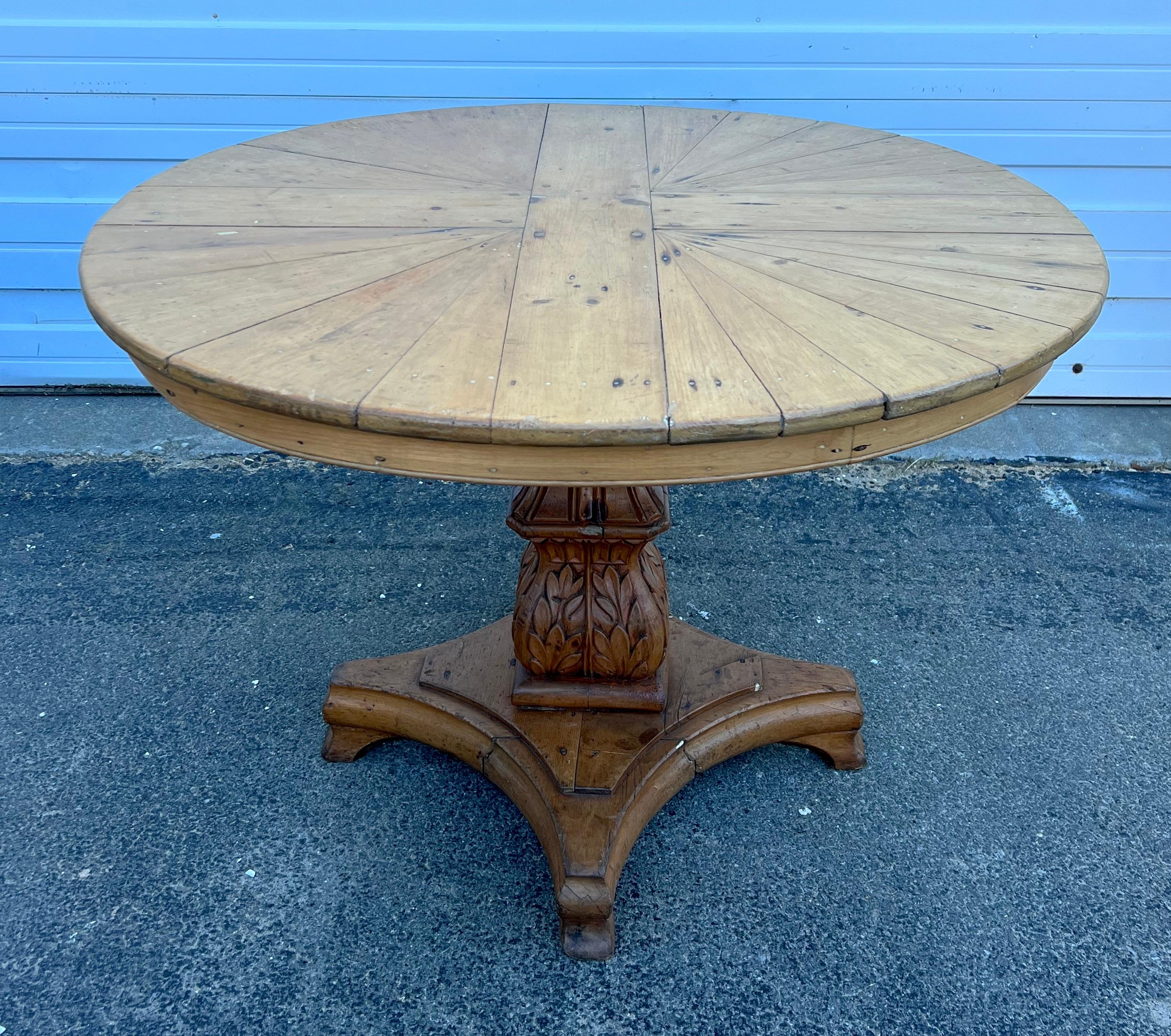 19th Century Pine Pedestal Table With Pieced Top and Acanthus Base For Sale 1