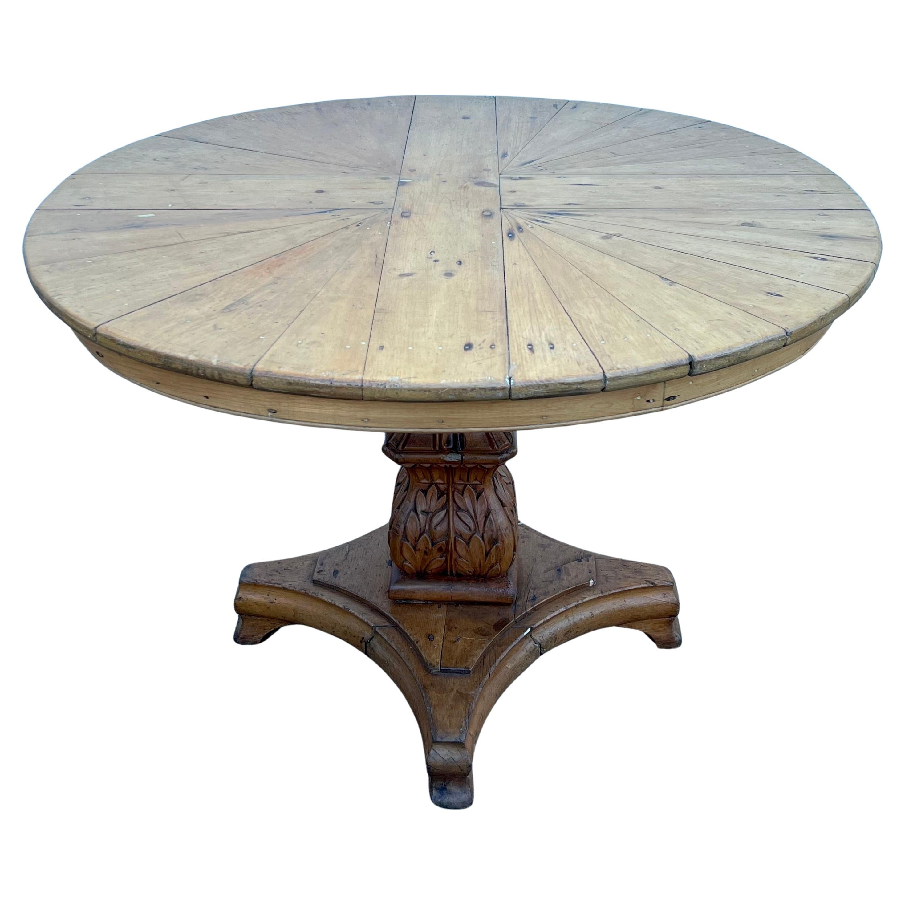 19th Century Pine Pedestal Table With Pieced Top and Acanthus Base For Sale