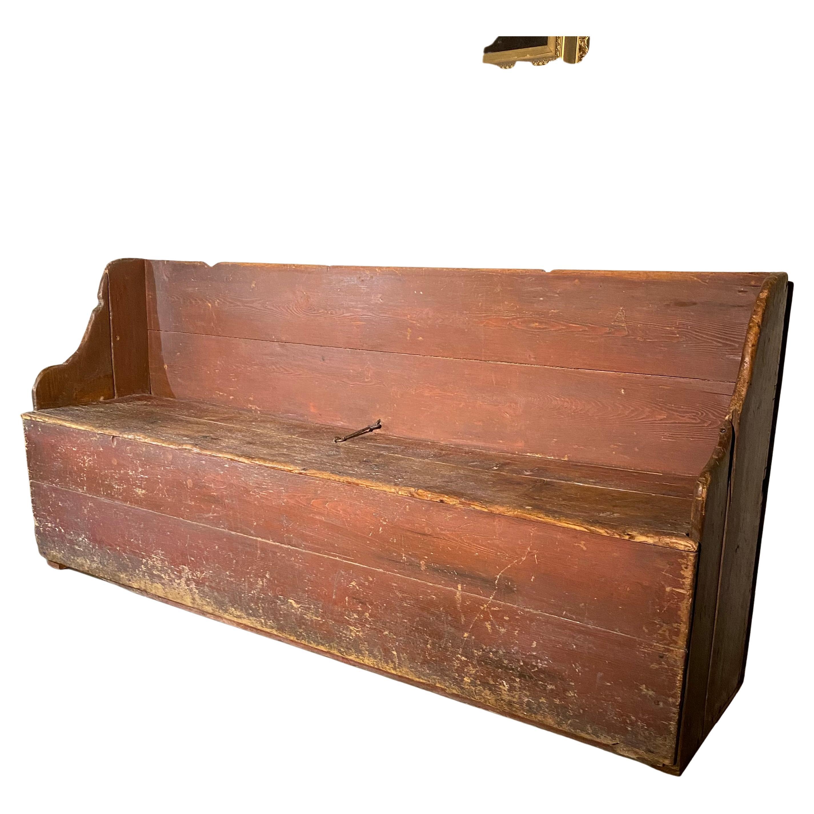 19th Century Pine Quebec Settle Bench in Original Paint