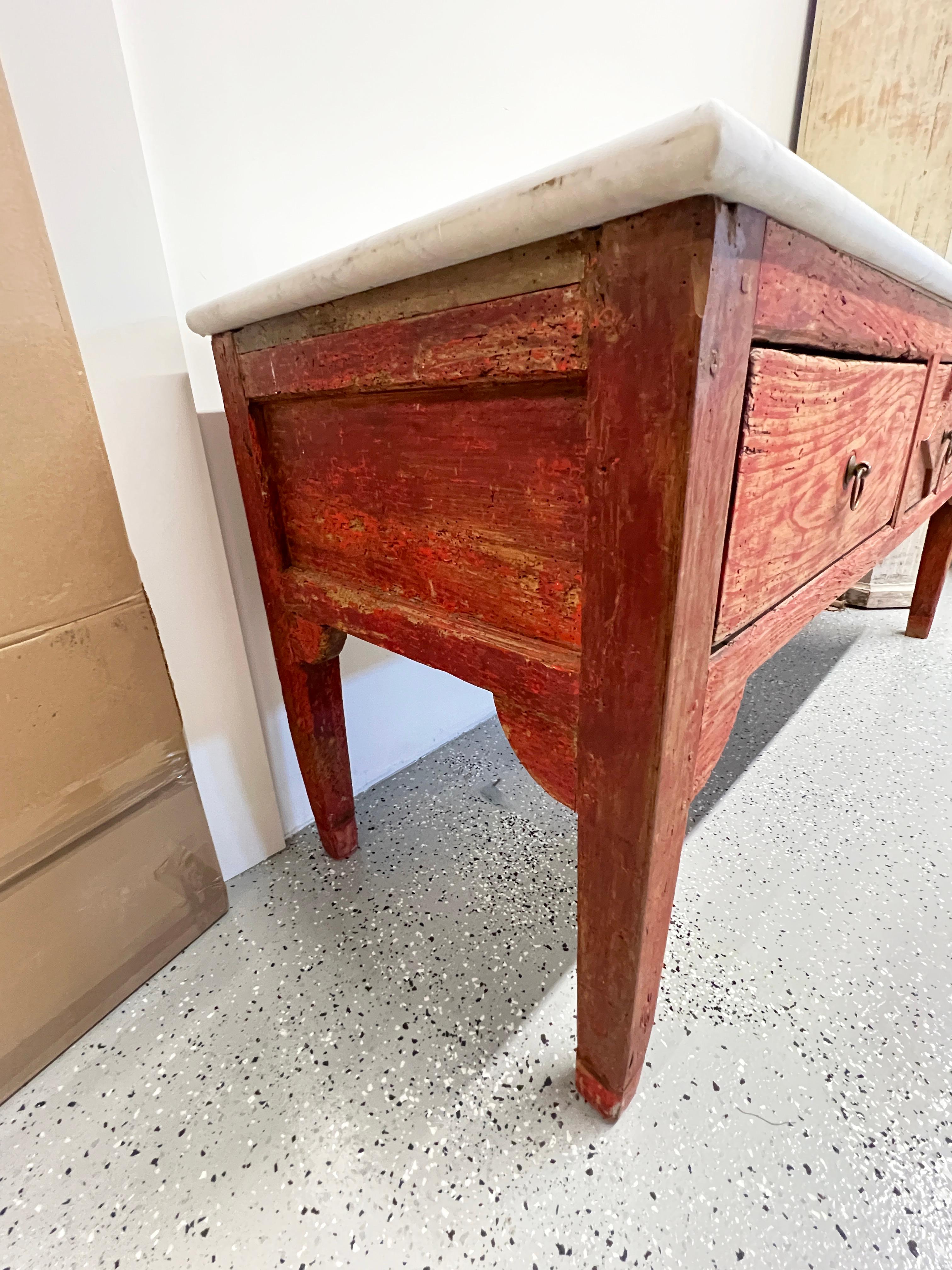 Aparador o mesa de fregadero de pino del siglo XIX con tapa de mármol en venta 2